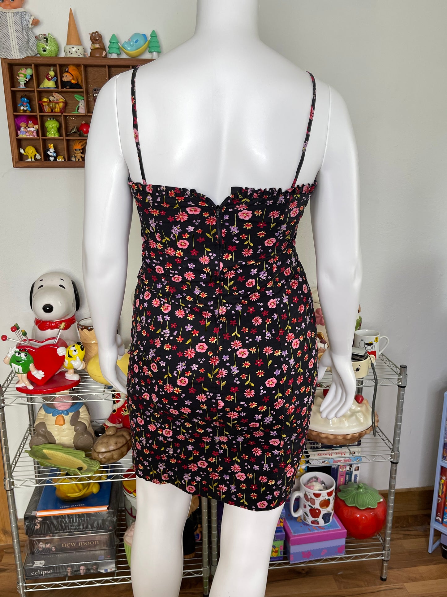 Vintage Black Flower Print Spring Dress Sz L