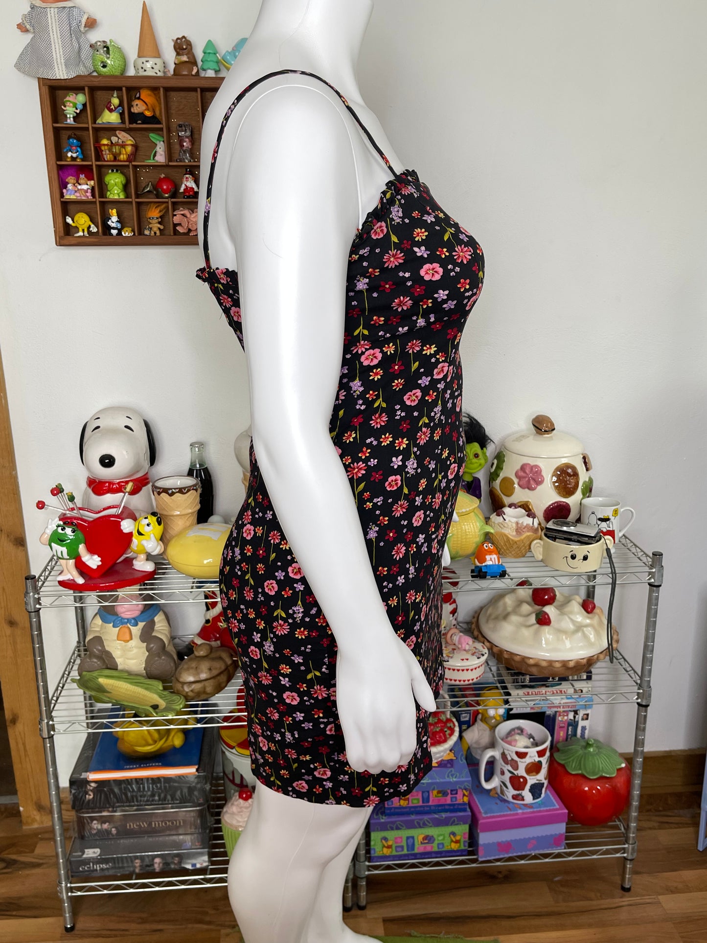Vintage Black Flower Print Spring Dress Sz L