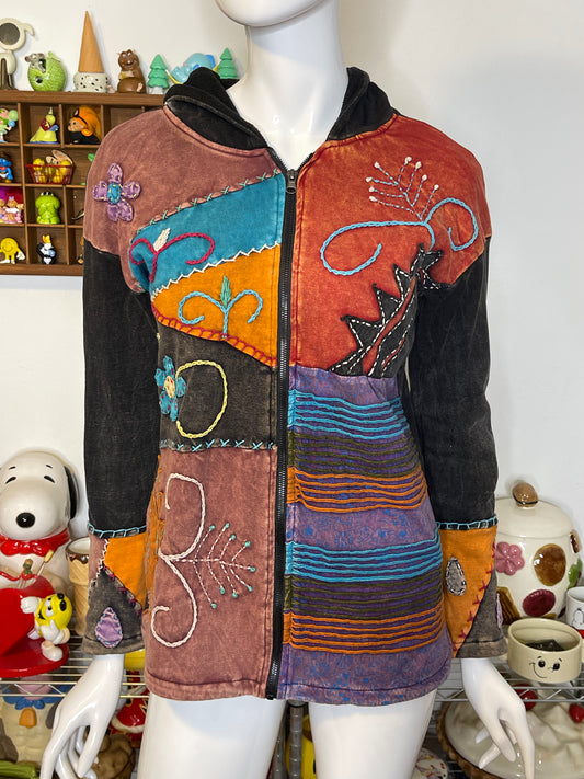 Tie-dye Patchwork Flowers Fleeced Lined Hoodie Sz M