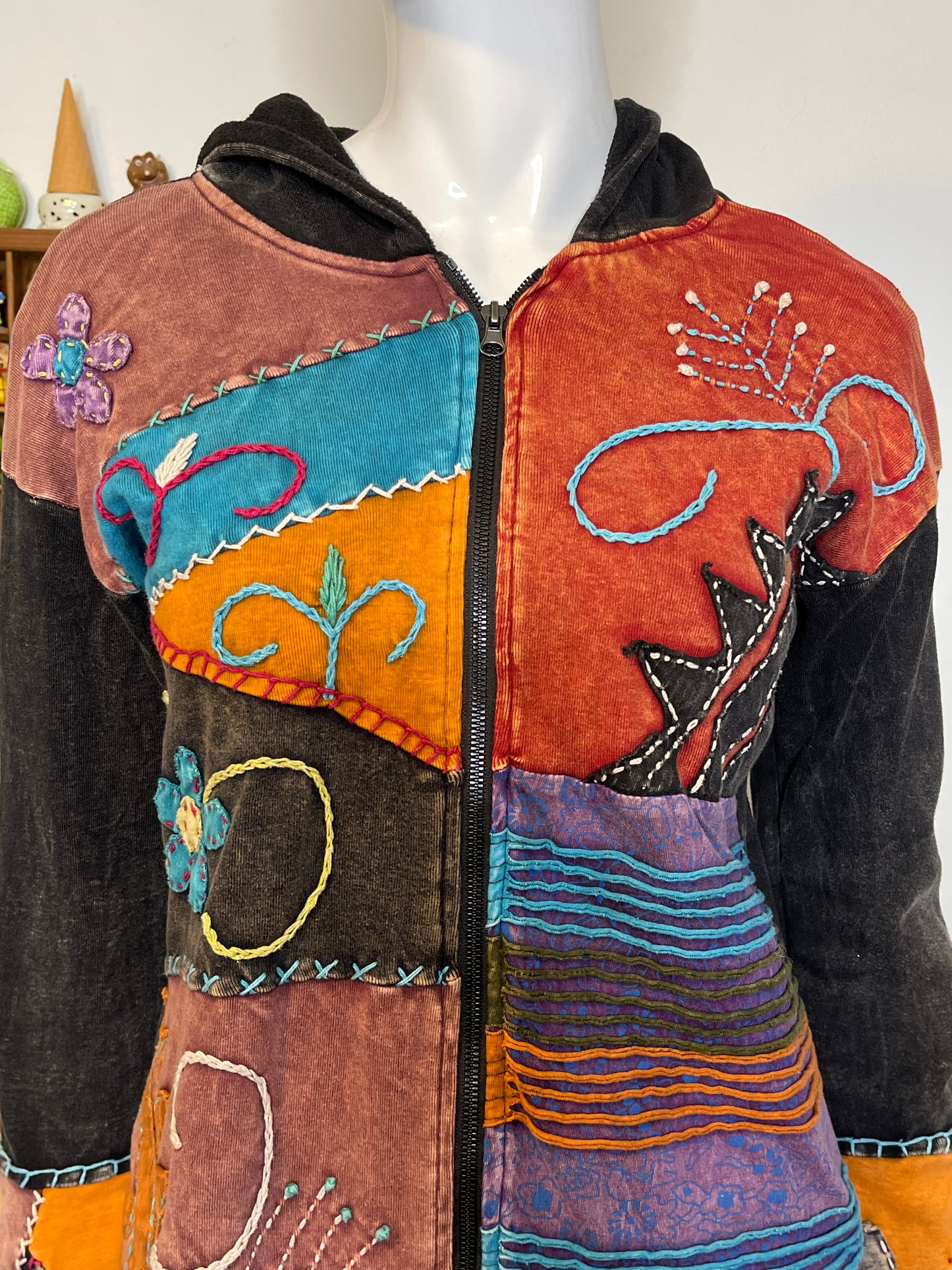 Tie-dye Patchwork Flowers Fleeced Lined Hoodie Sz M