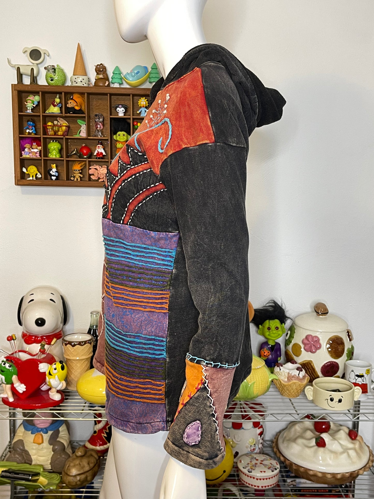 Tie-dye Patchwork Flowers Fleeced Lined Hoodie Sz M