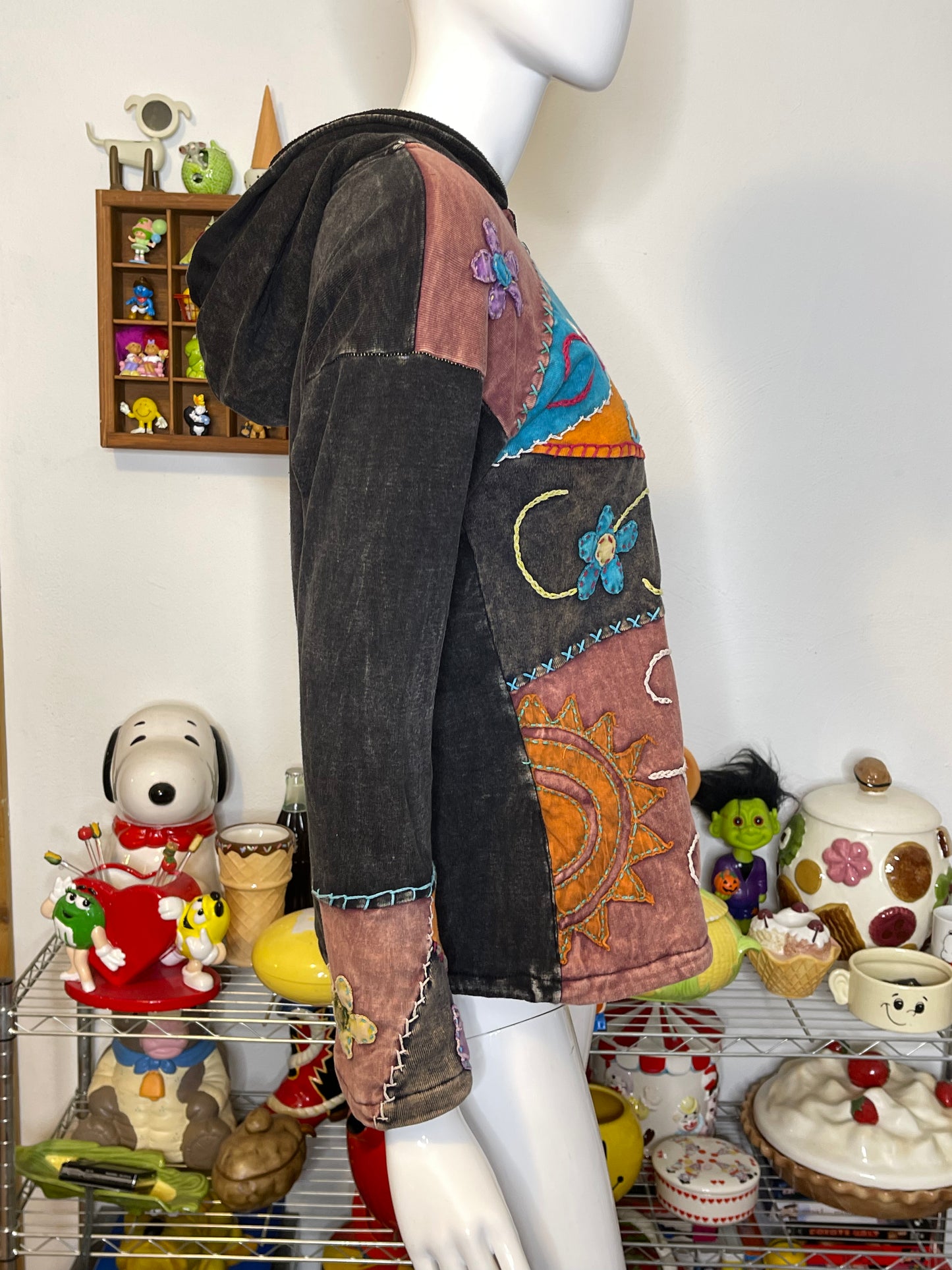 Tie-dye Patchwork Flowers Fleeced Lined Hoodie Sz M