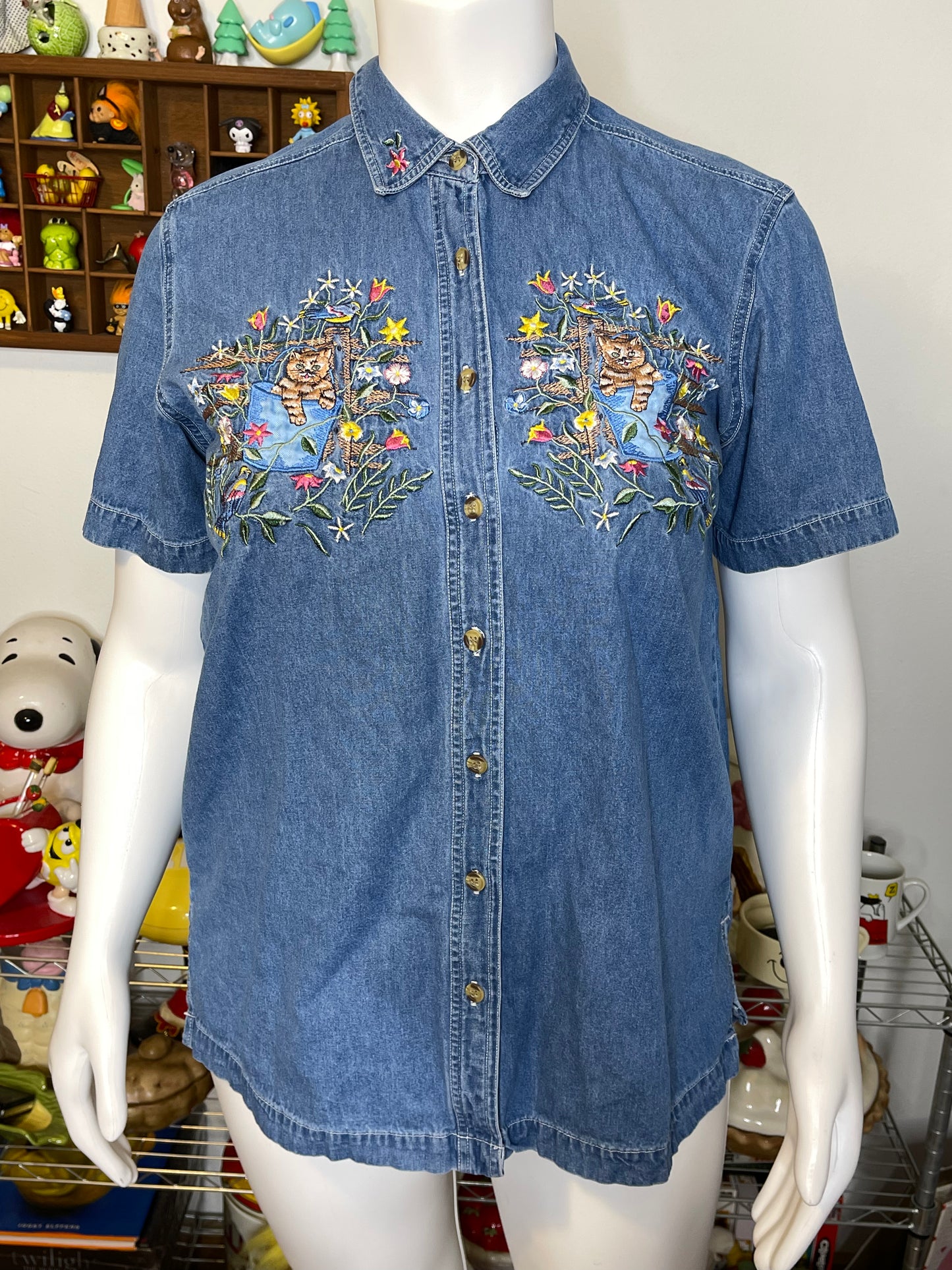 Vintage Floral Cat Embroidered Denim Button Down Shirt Sz 14W/16W