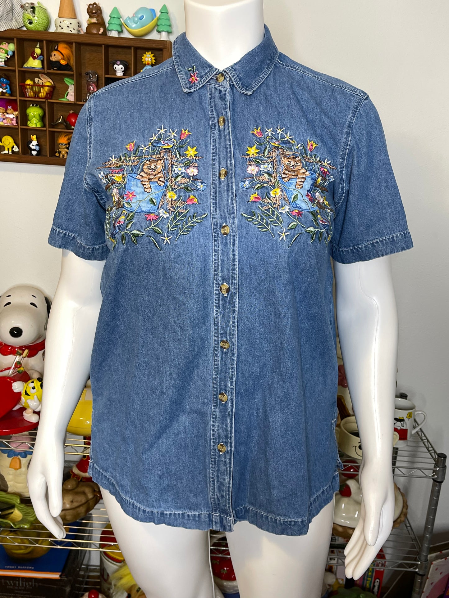 Vintage Floral Cat Embroidered Denim Button Down Shirt Sz 14W/16W