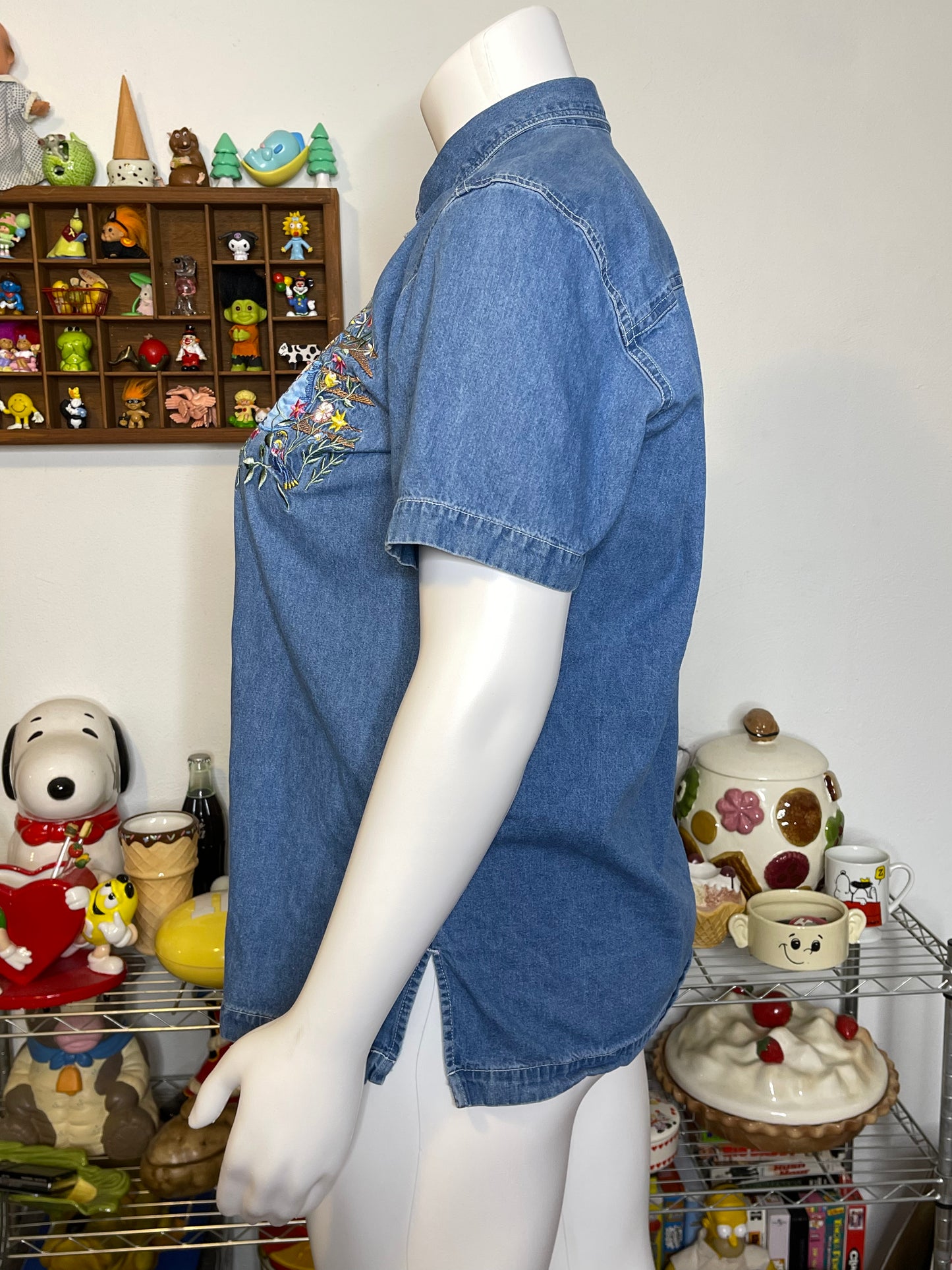 Vintage Floral Cat Embroidered Denim Button Down Shirt Sz 14W/16W