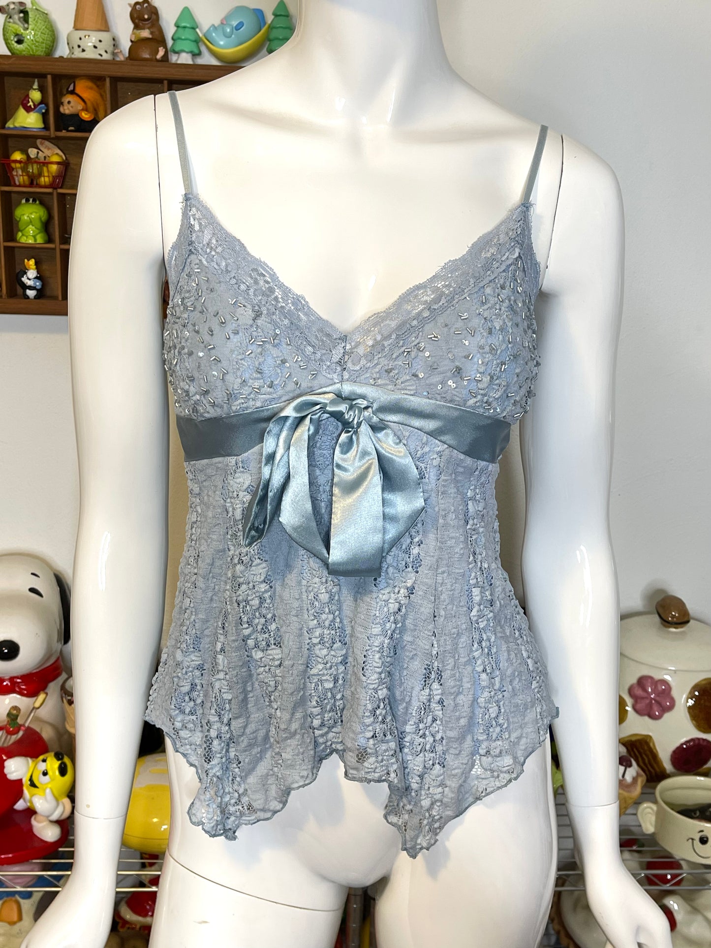 2000s Baby Blue Beaded Sequin Fairy Tank Top Sz S