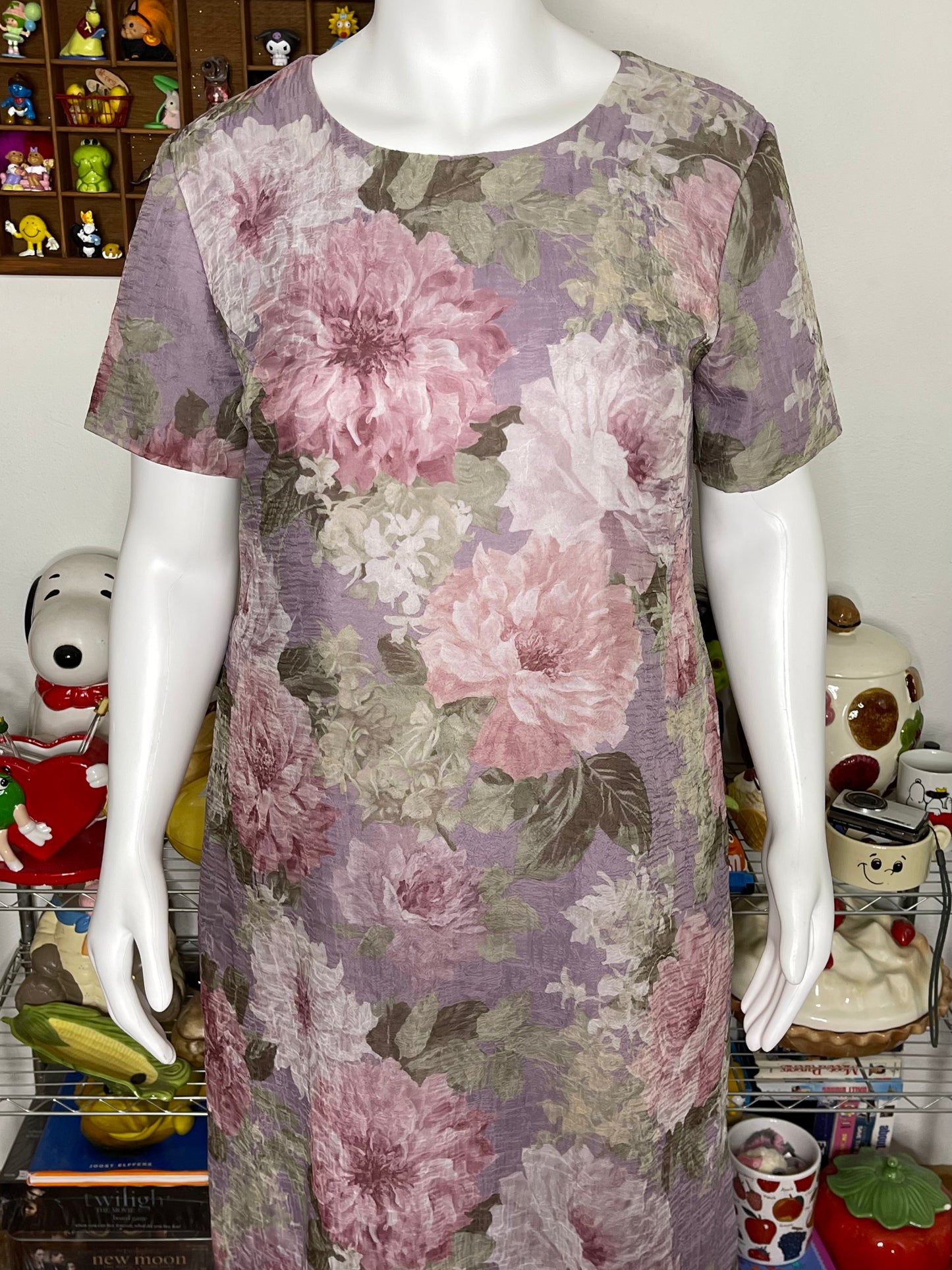 Vintage 90s Sheer Crinkly Watercolor Floral Maxi Dress Sz 14W