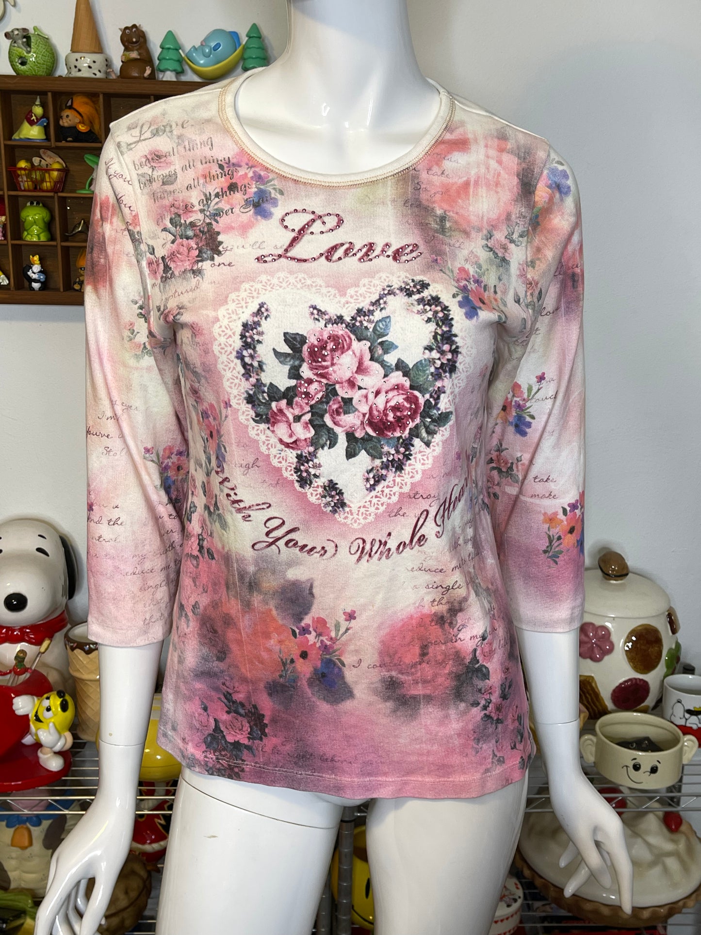 Vintage 2000s LOVE All Over Print 3/4 Sleeve Top Sz M/L