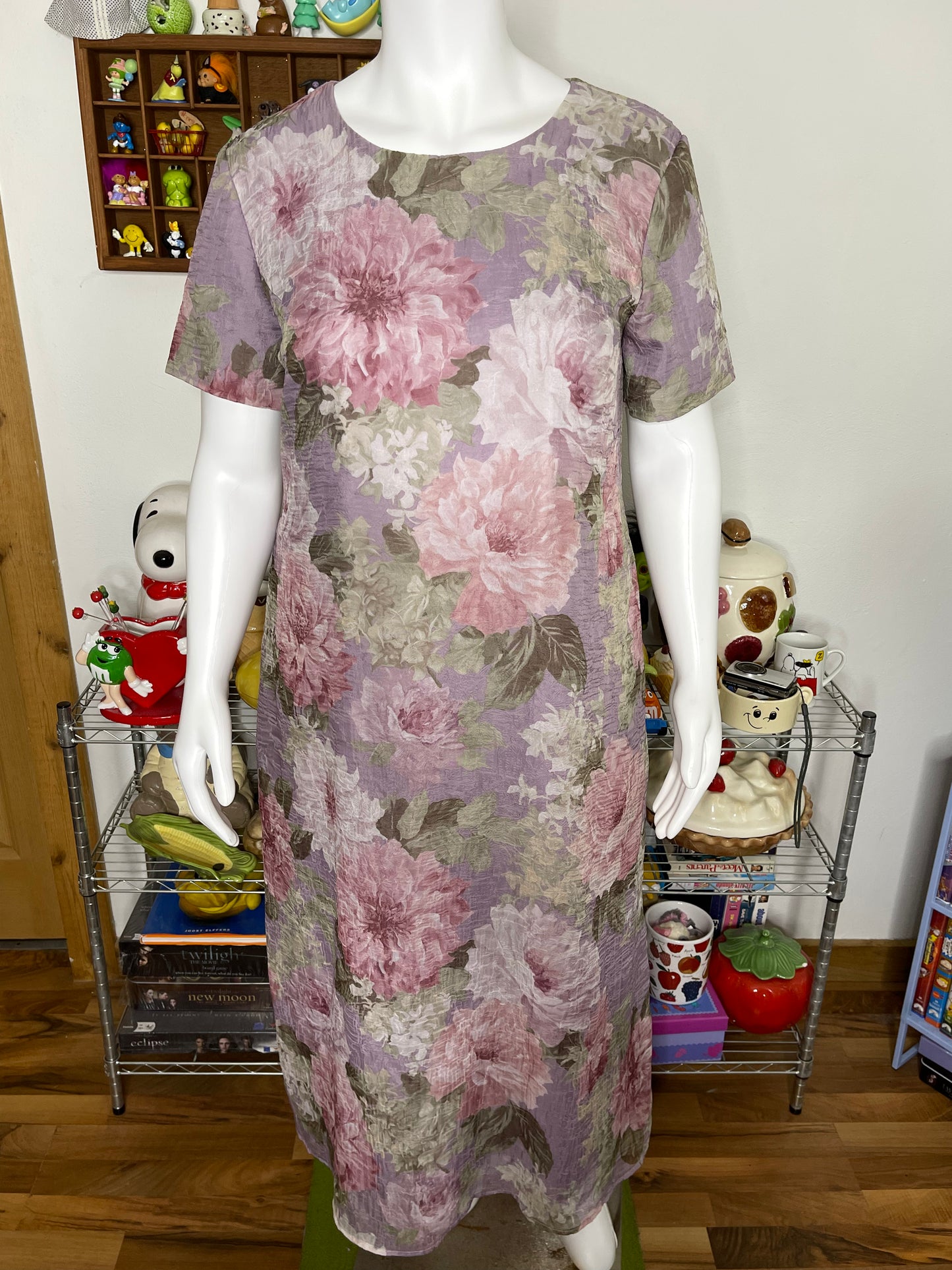 Vintage 90s Sheer Crinkly Watercolor Floral Maxi Dress Sz 14W
