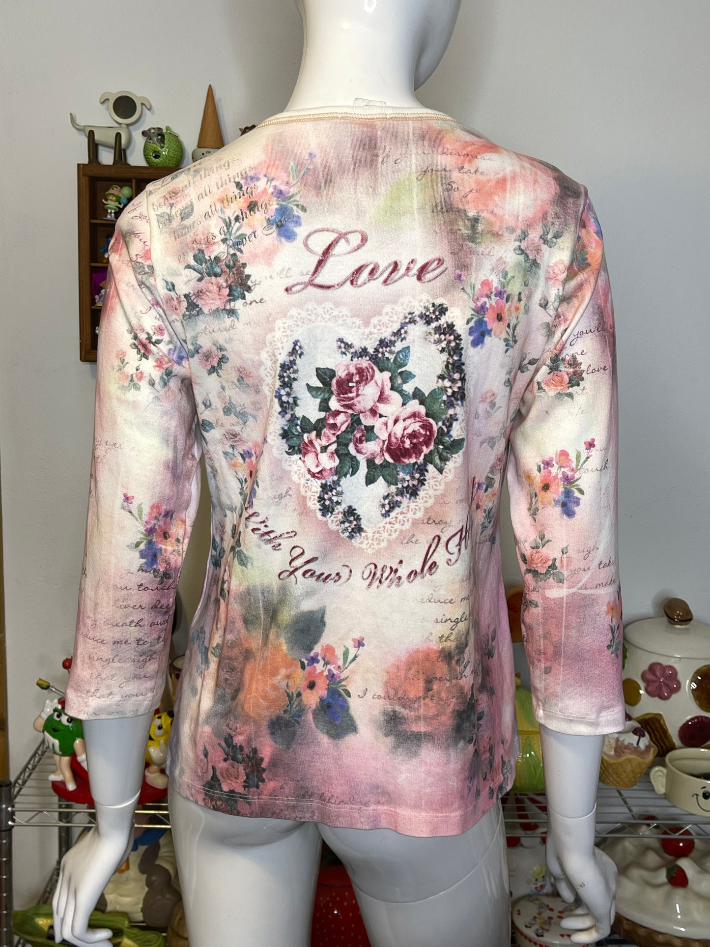 Vintage 2000s LOVE All Over Print 3/4 Sleeve Top Sz M/L
