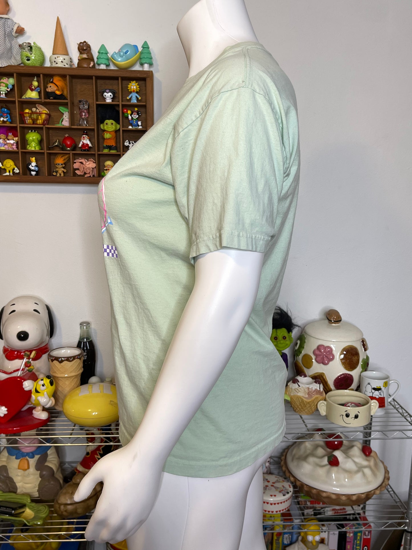 Vintage Mint Green Spring Garden Bunny Graphic Tee Sz L