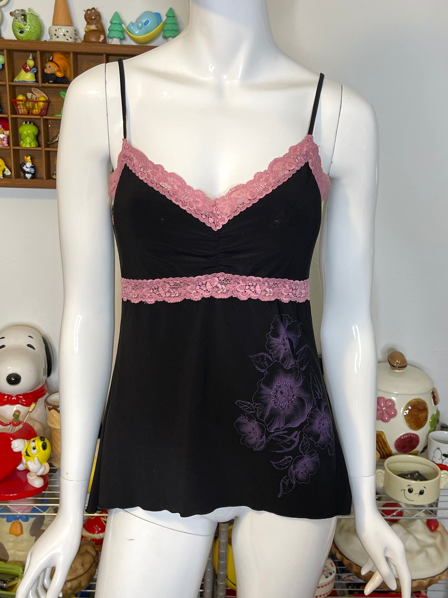 Y2k Black Slinky Pink Flower Lace Cami Top Sz M