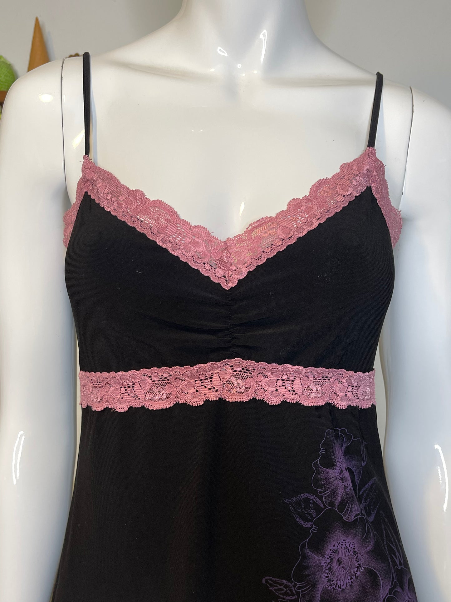 Y2k Black Slinky Pink Flower Lace Cami Top Sz M