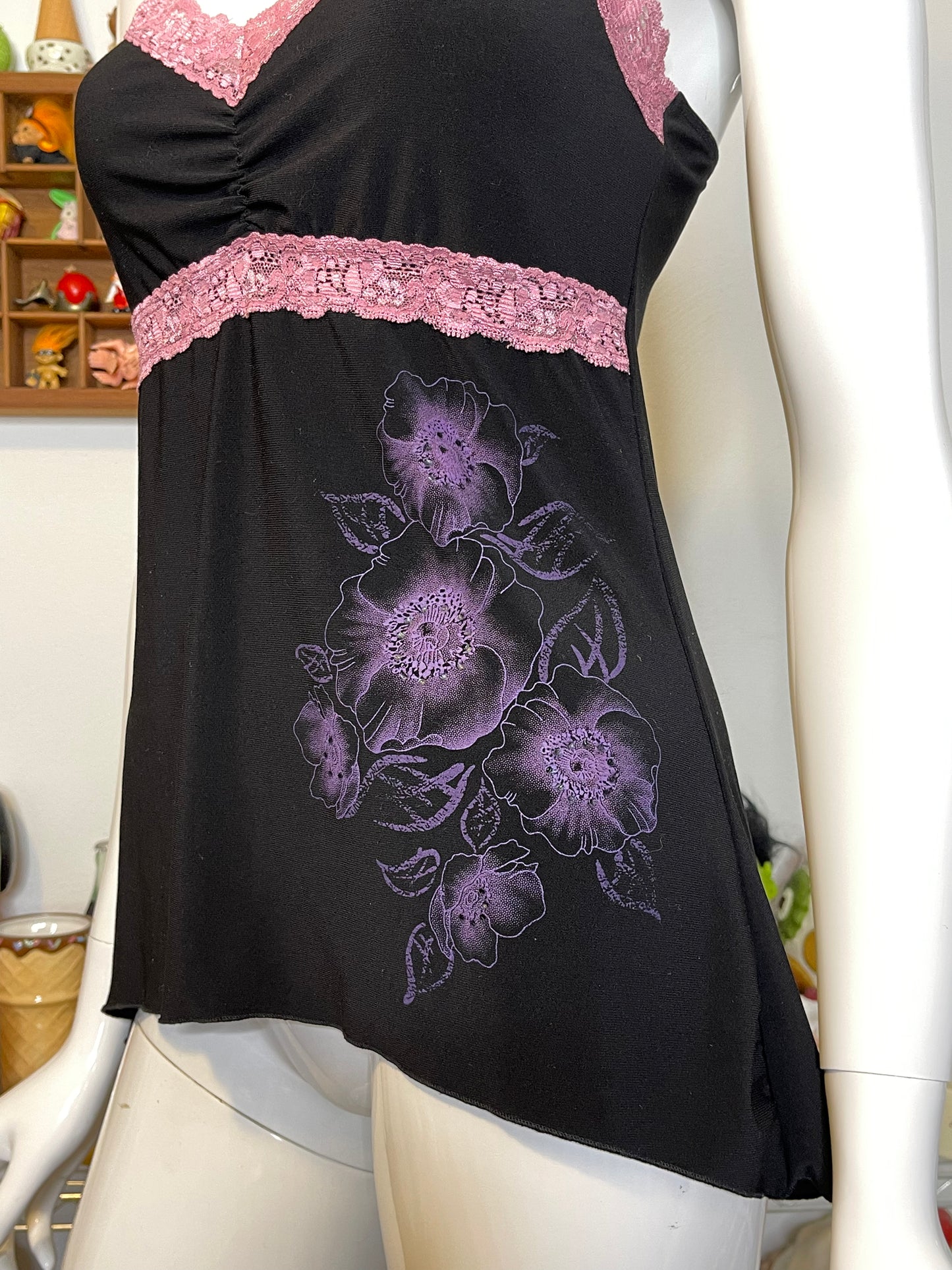 Y2k Black Slinky Pink Flower Lace Cami Top Sz M