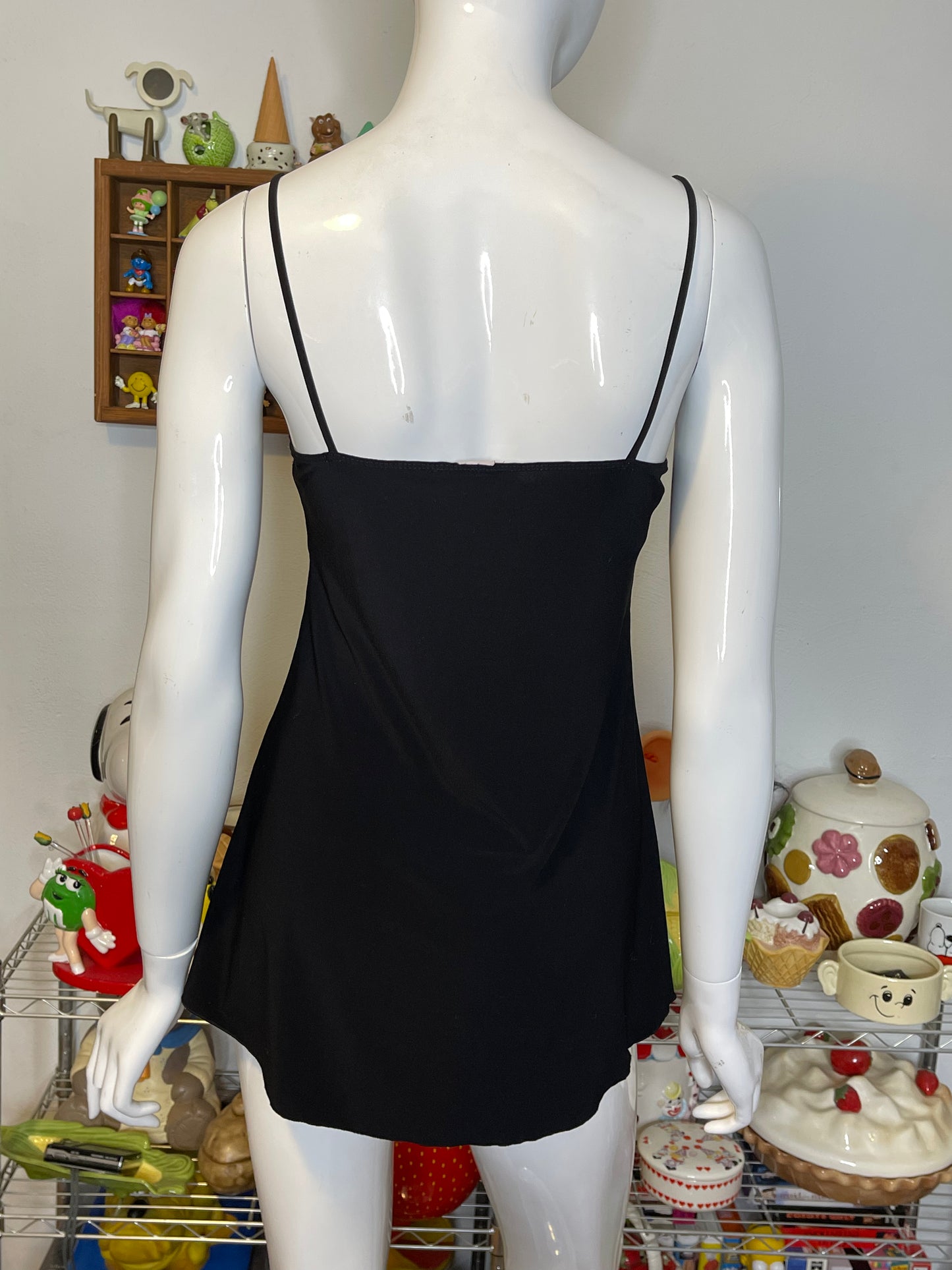 Y2k Black Slinky Pink Flower Lace Cami Top Sz M