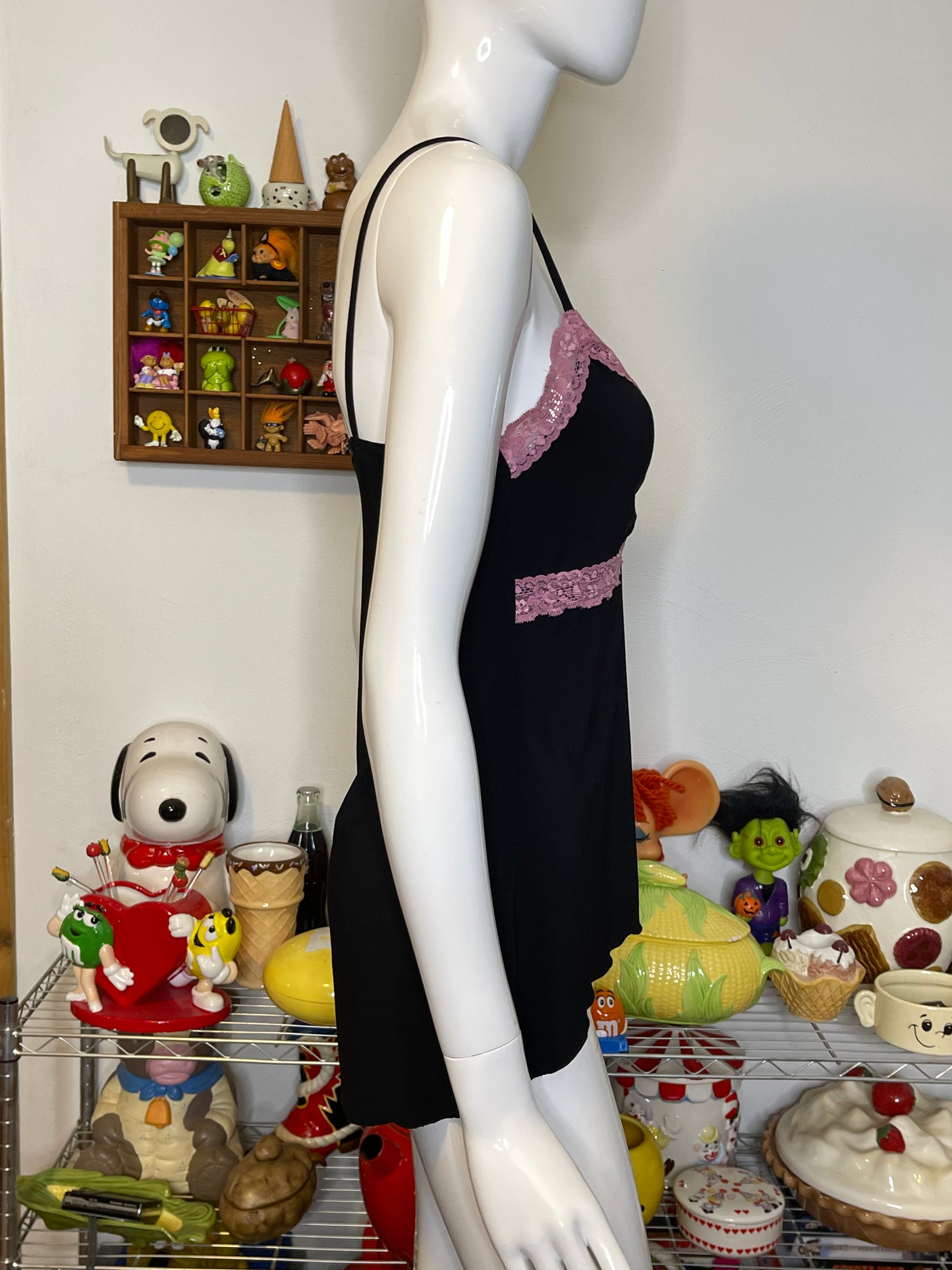 Y2k Black Slinky Pink Flower Lace Cami Top Sz M