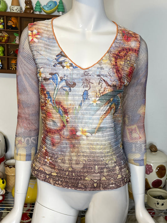 2000s Floral Tattoo Print Micro Mesh & Fishnet 3/4 Sleeve Top