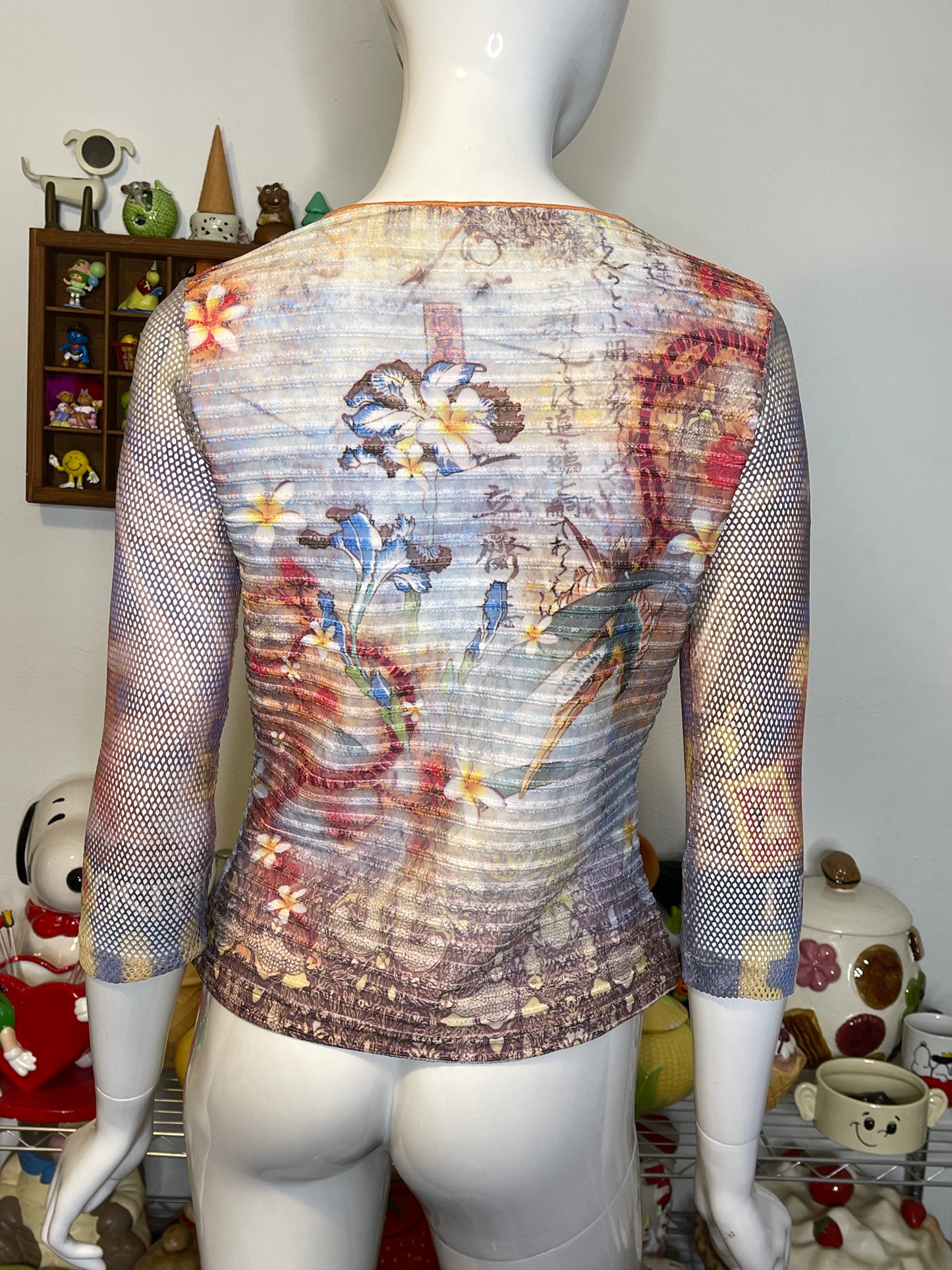 2000s Floral Tattoo Print Micro Mesh & Fishnet 3/4 Sleeve Top