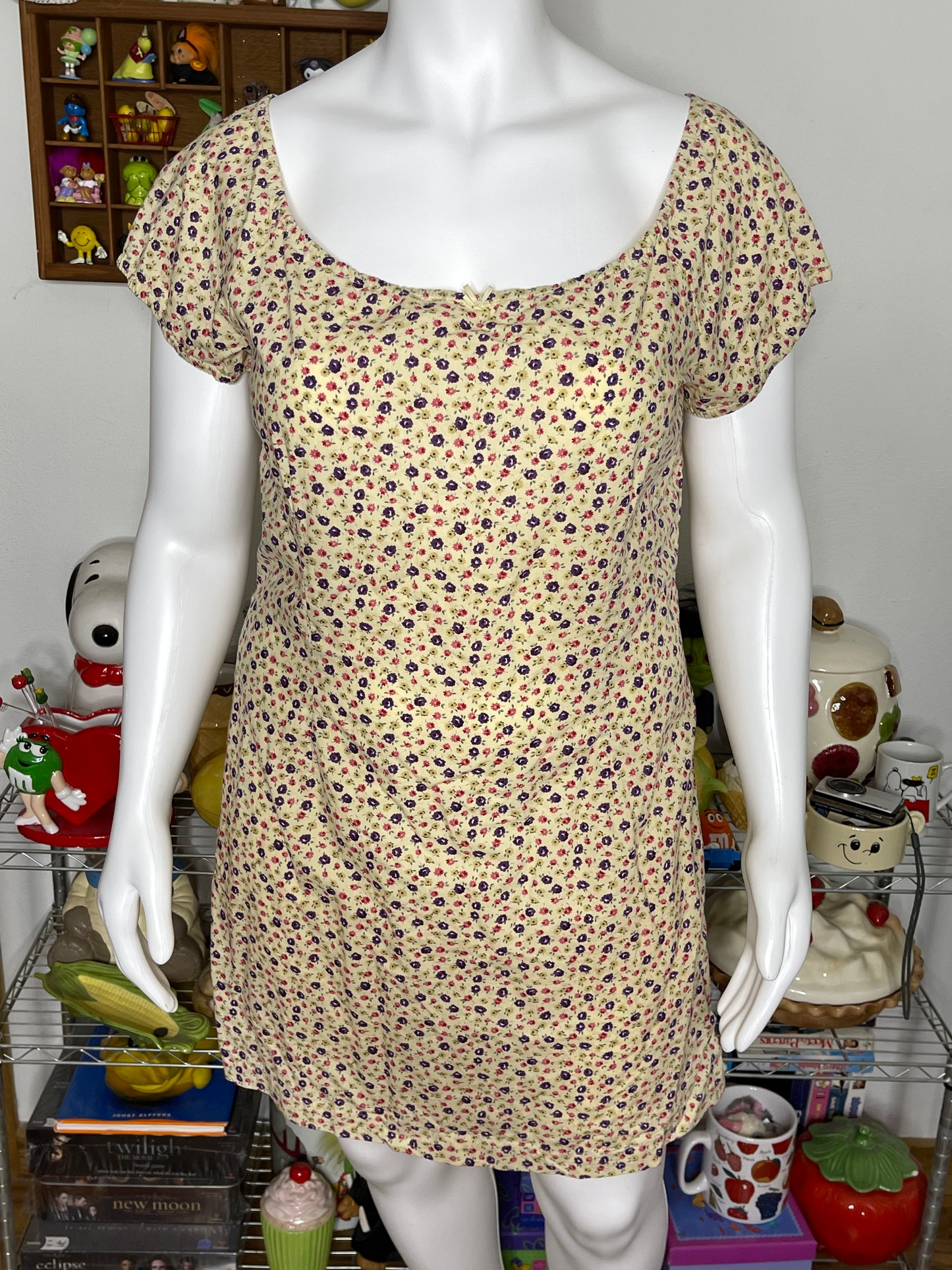2000s Light Yellow Flower Print Baby Doll Midi Dress Sz XL