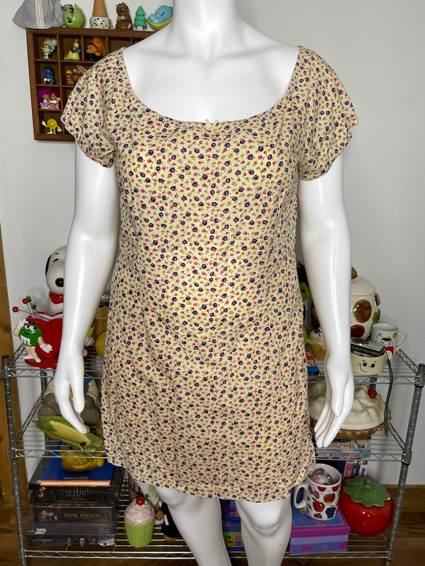 2000s Light Yellow Flower Print Baby Doll Midi Dress Sz XL
