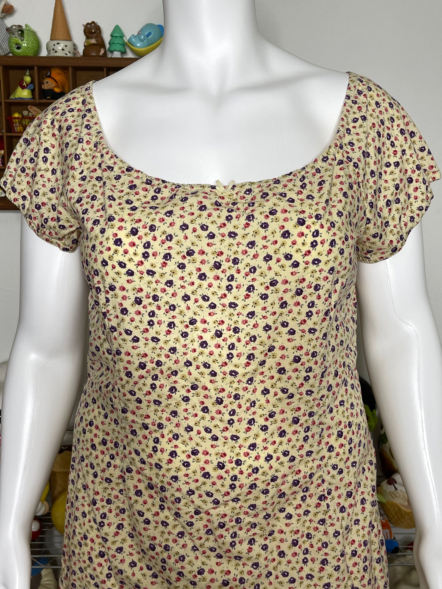 2000s Light Yellow Flower Print Baby Doll Midi Dress Sz XL