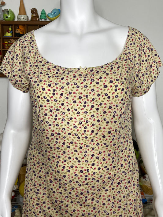 2000s Light Yellow Flower Print Baby Doll Midi Dress Sz XL
