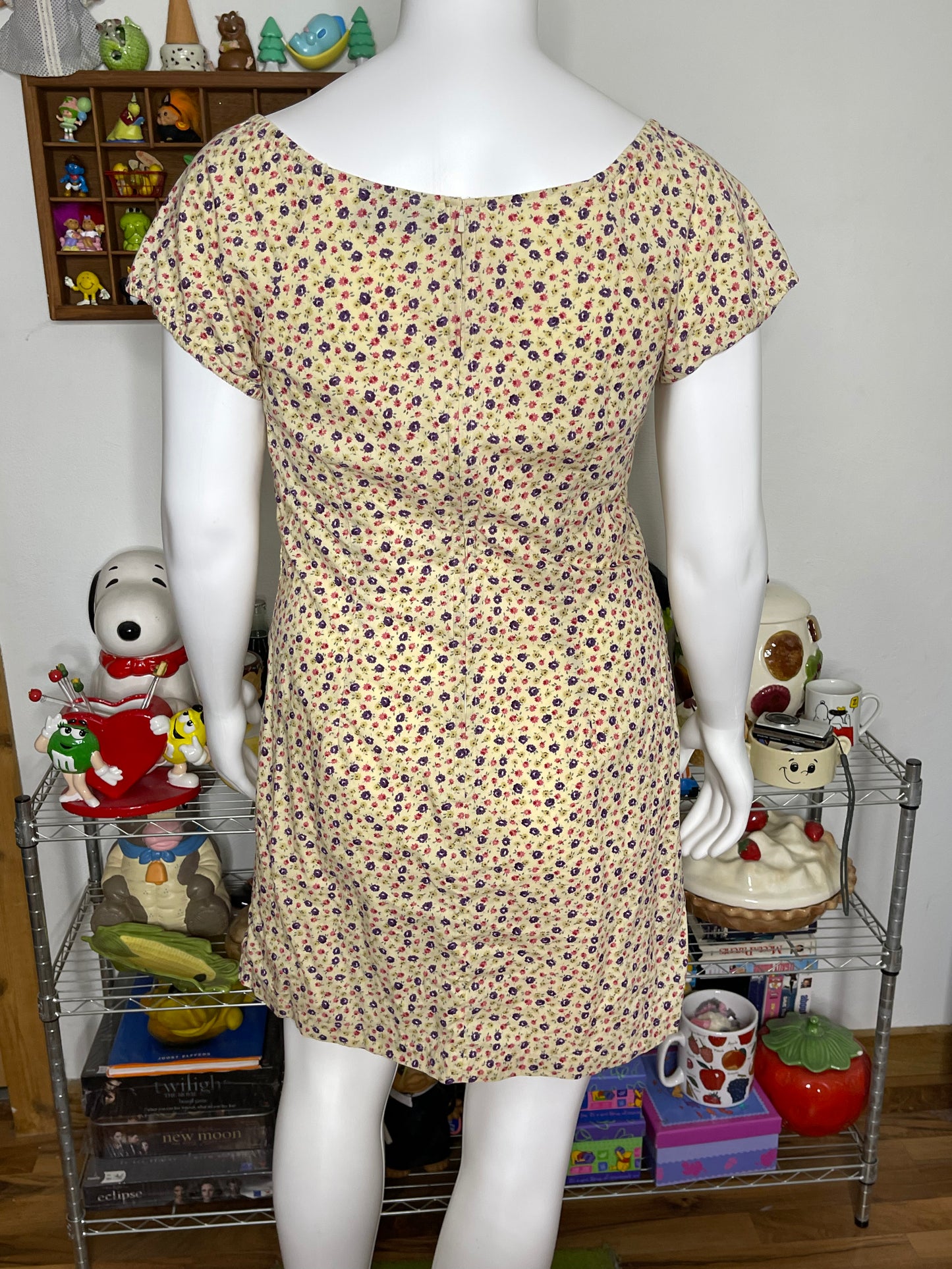2000s Light Yellow Flower Print Baby Doll Midi Dress Sz XL