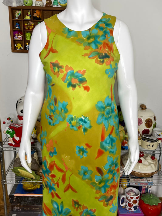 Vintage 90s Green Flower Print Maxi Dress Sz 16