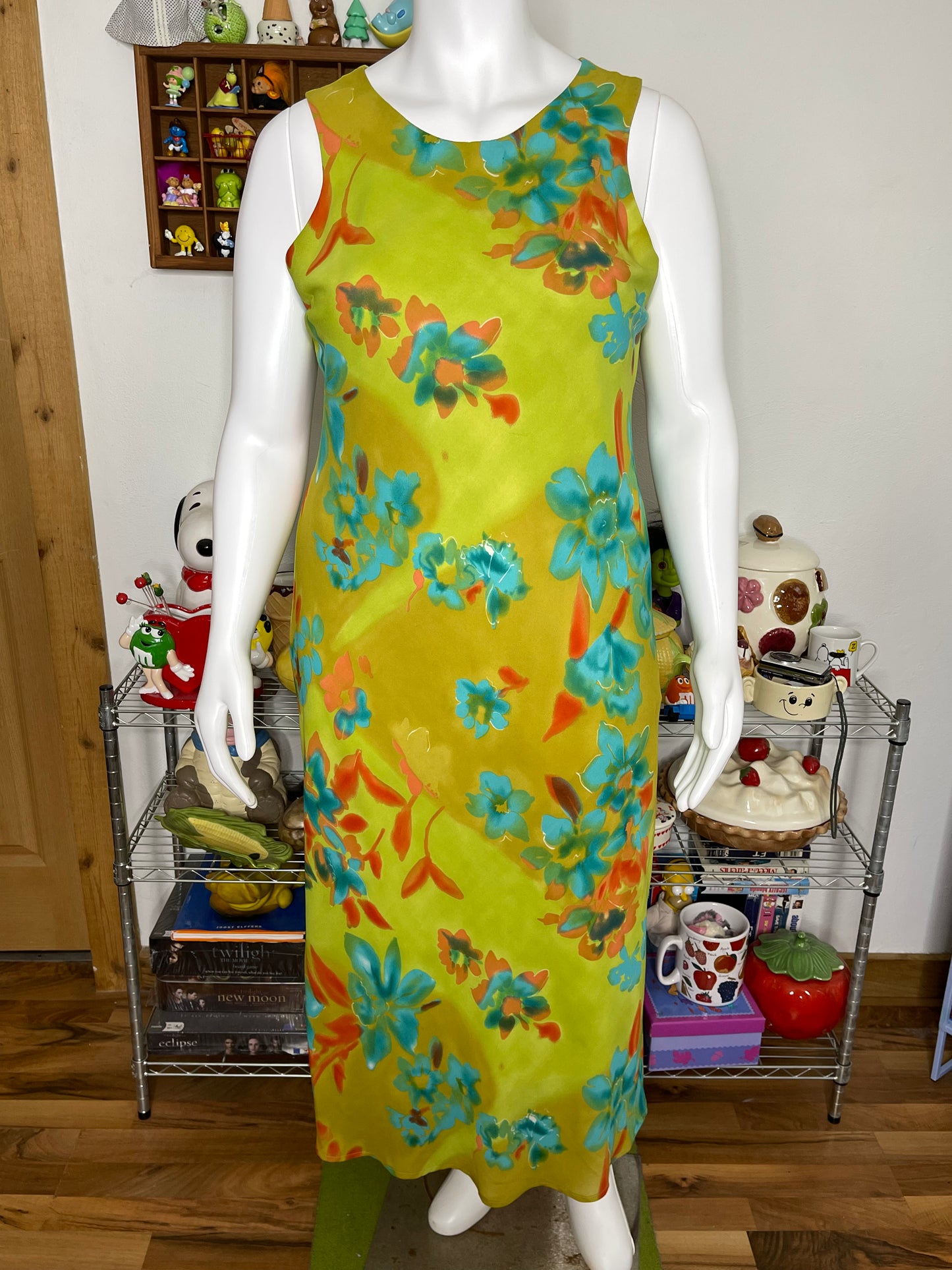 Vintage 90s Green Flower Print Maxi Dress Sz 16