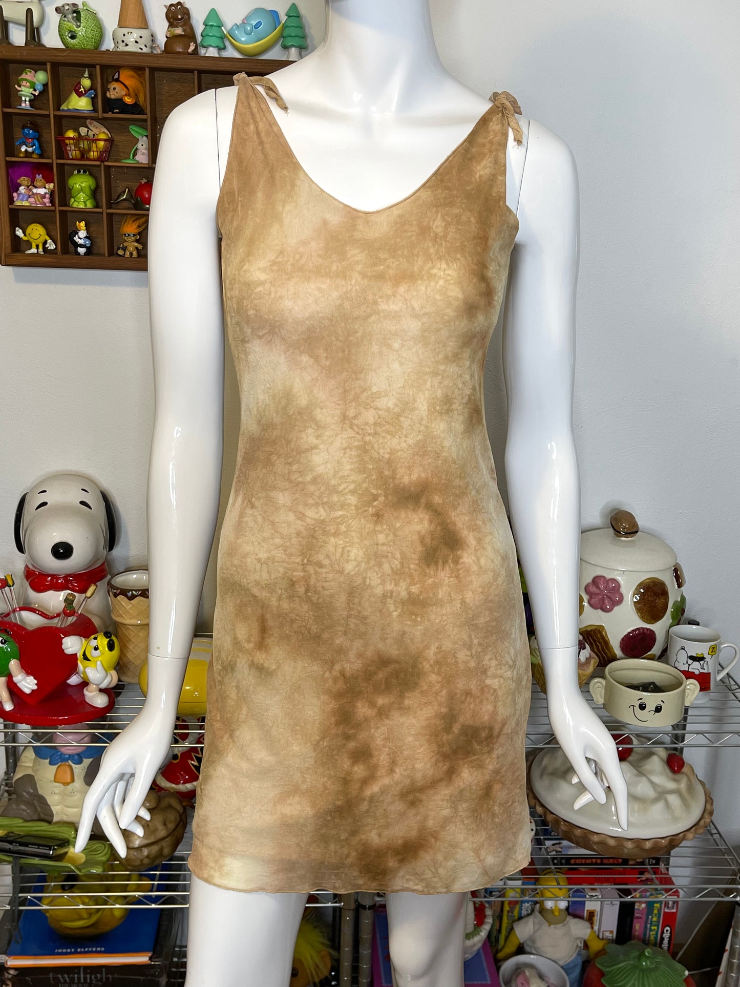 Vintage Tan Marble Tie-Dye Mirco Mesh Mini Dress Sz S
