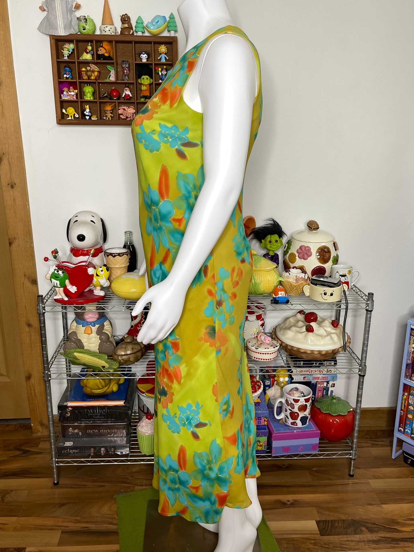 Vintage 90s Green Flower Print Maxi Dress Sz 16