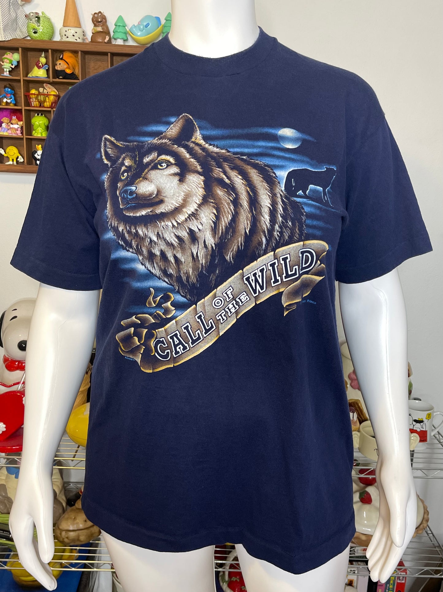 Vintage 90s Navy Blue Call Of The Wild Wolf Tee Sz XL
