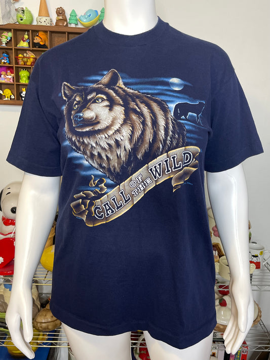 Vintage 90s Navy Blue Call Of The Wild Wolf Tee Sz XL