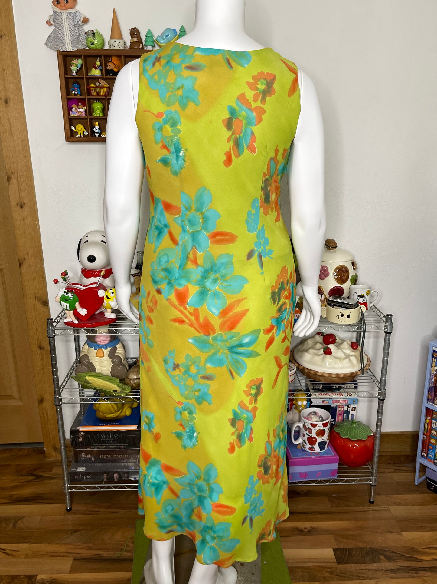 Vintage 90s Green Flower Print Maxi Dress Sz 16