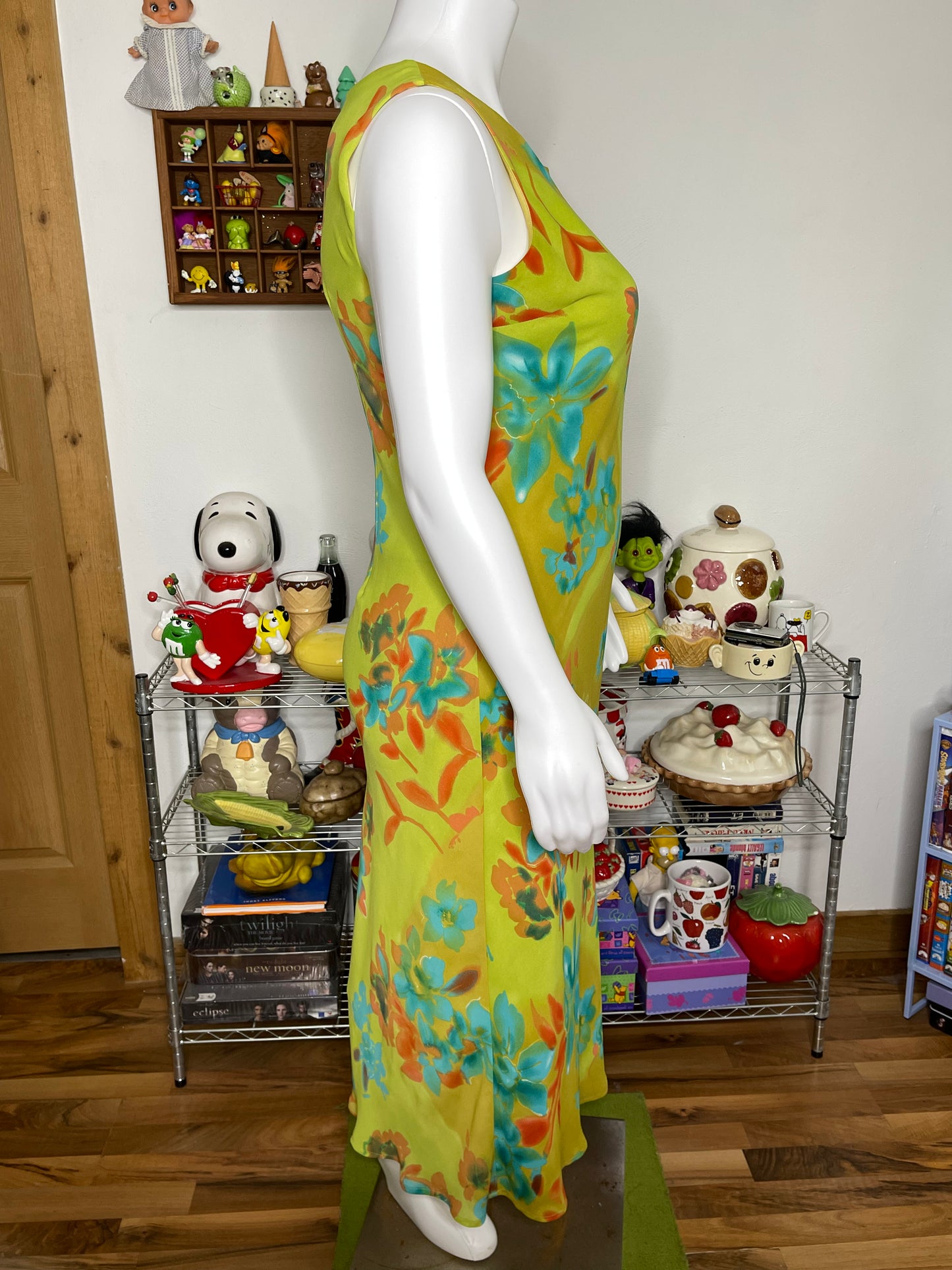 Vintage 90s Green Flower Print Maxi Dress Sz 16