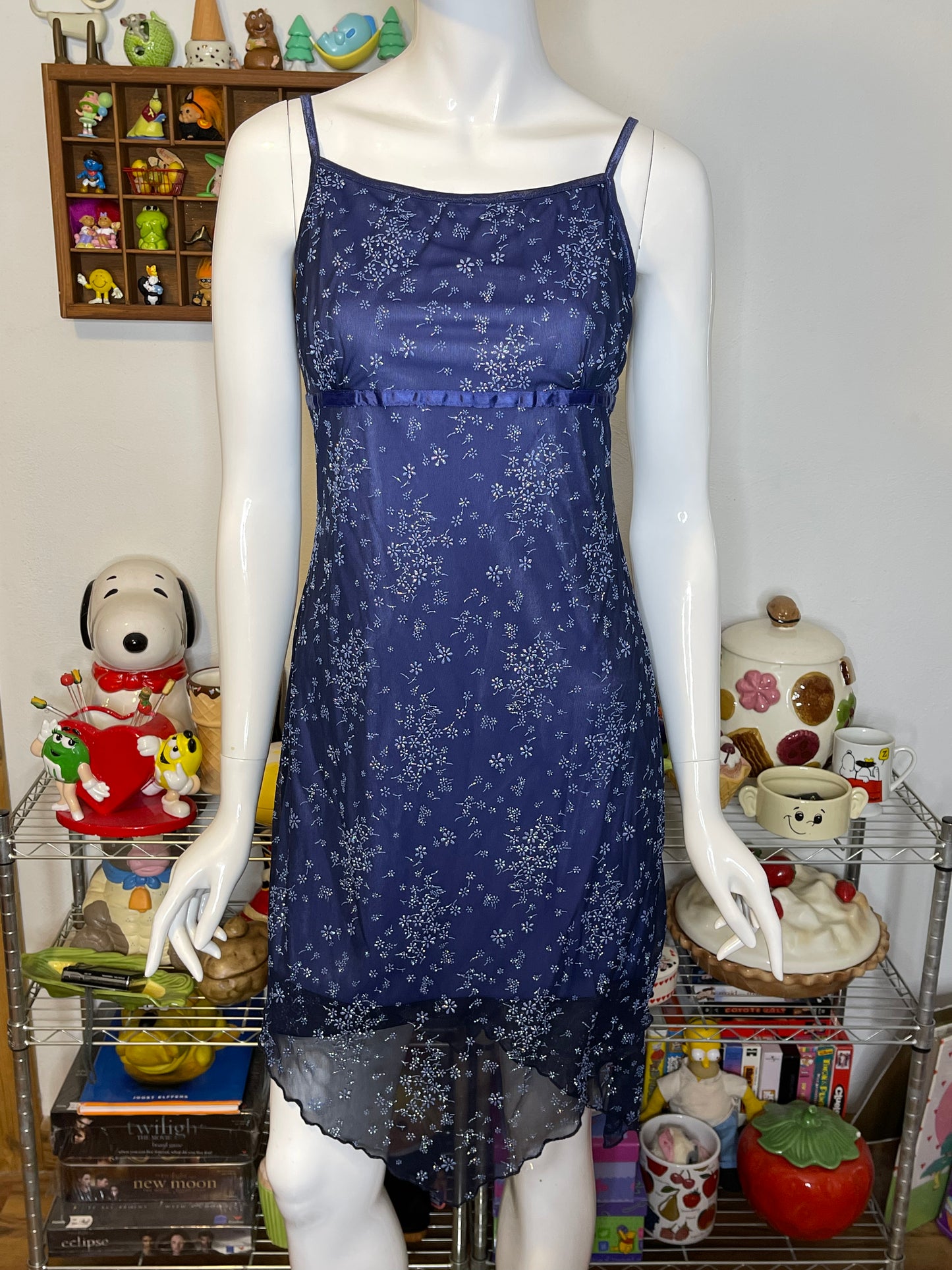 Vintage Deadstock Glittery Flower Print Mirco Mesh Midi Dress Sz M/L