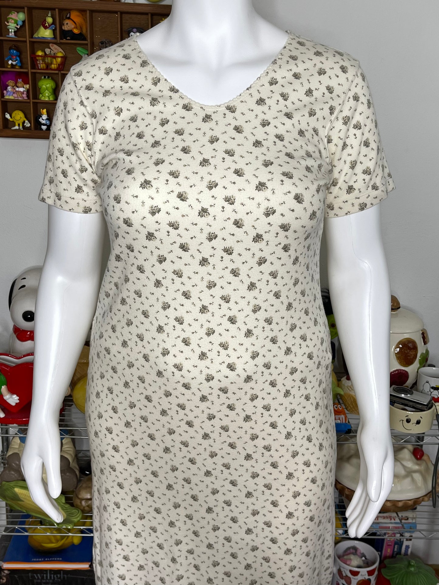 Vintage 2000s Ribbed Cream Flower Print Midi Dress Sz L/XL P