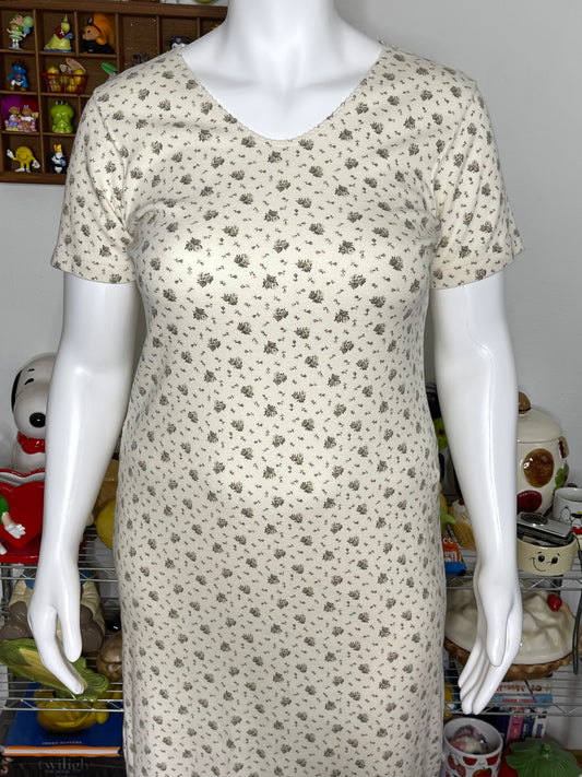 Vintage 2000s Ribbed Cream Flower Print Midi Dress Sz L/XL P
