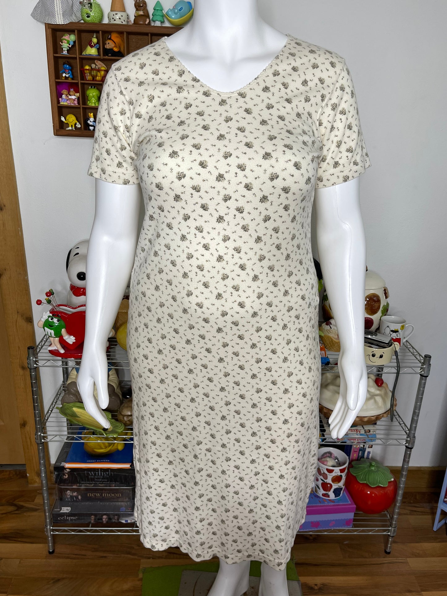 Vintage 2000s Ribbed Cream Flower Print Midi Dress Sz L/XL P