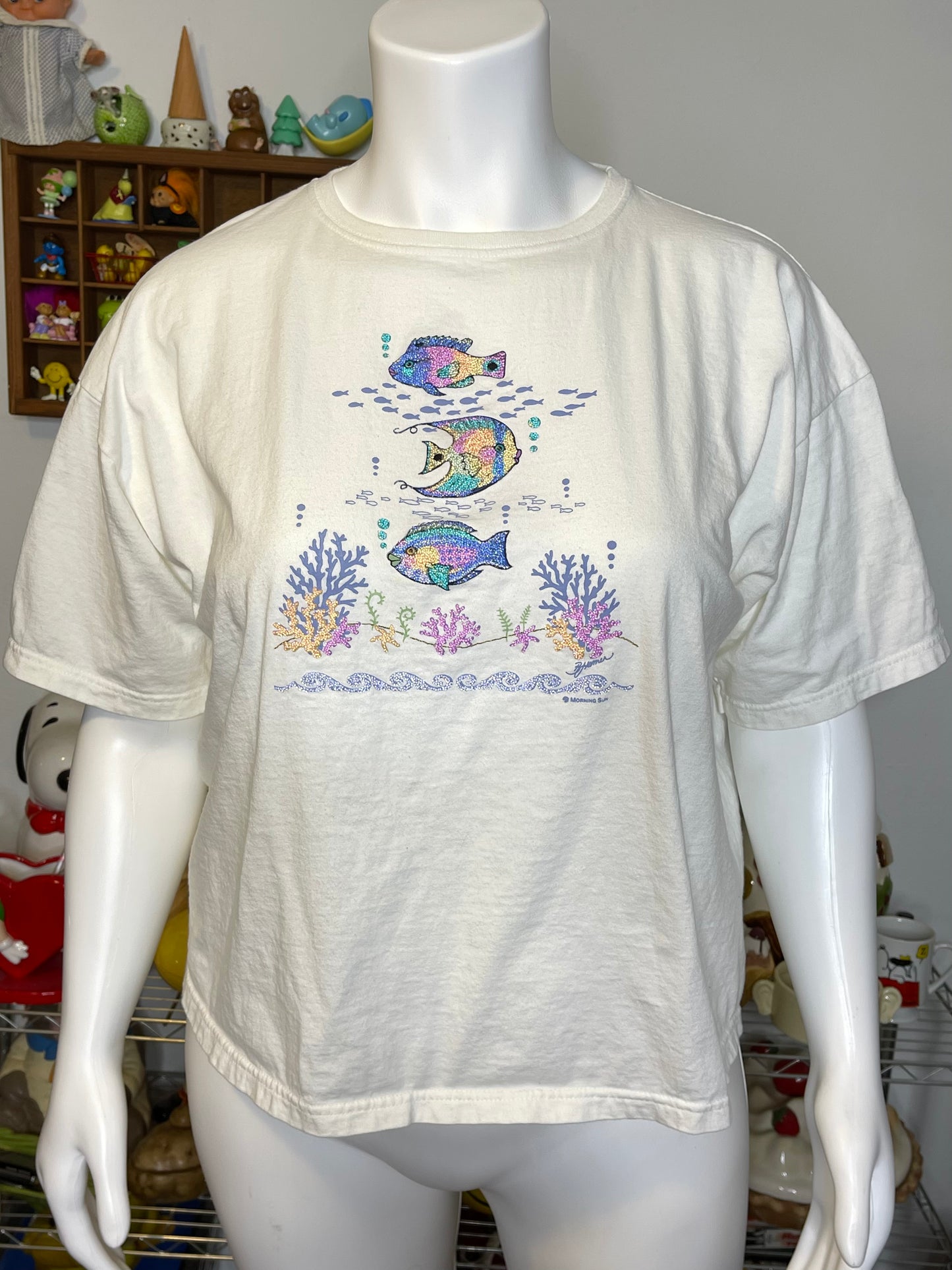 Vintage Beaded Colorful Fish Tee Sz 2X