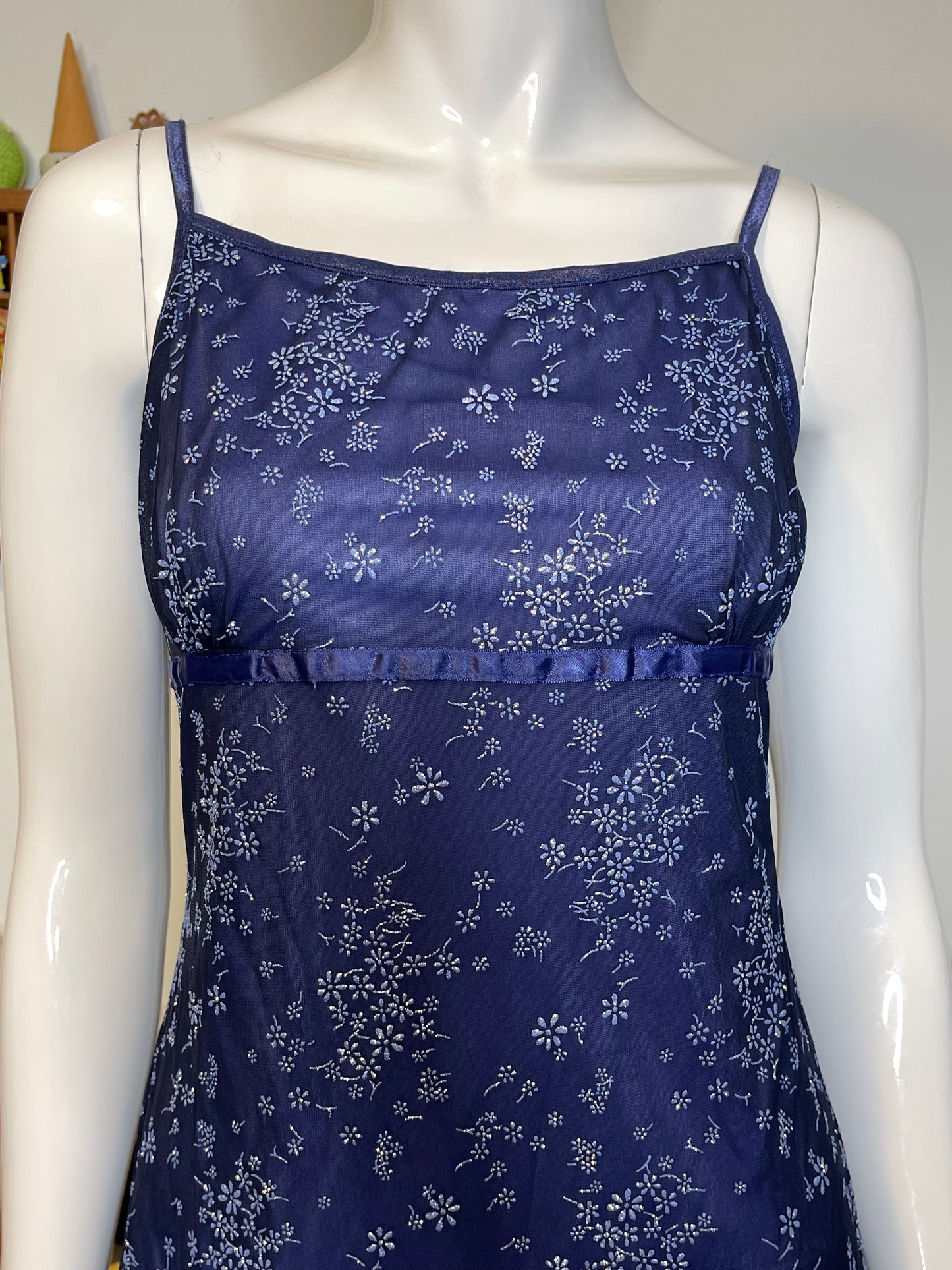 Vintage Deadstock Glittery Flower Print Mirco Mesh Midi Dress Sz M/L