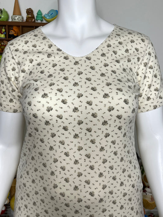Vintage 2000s Ribbed Cream Flower Print Midi Dress Sz L/XL P
