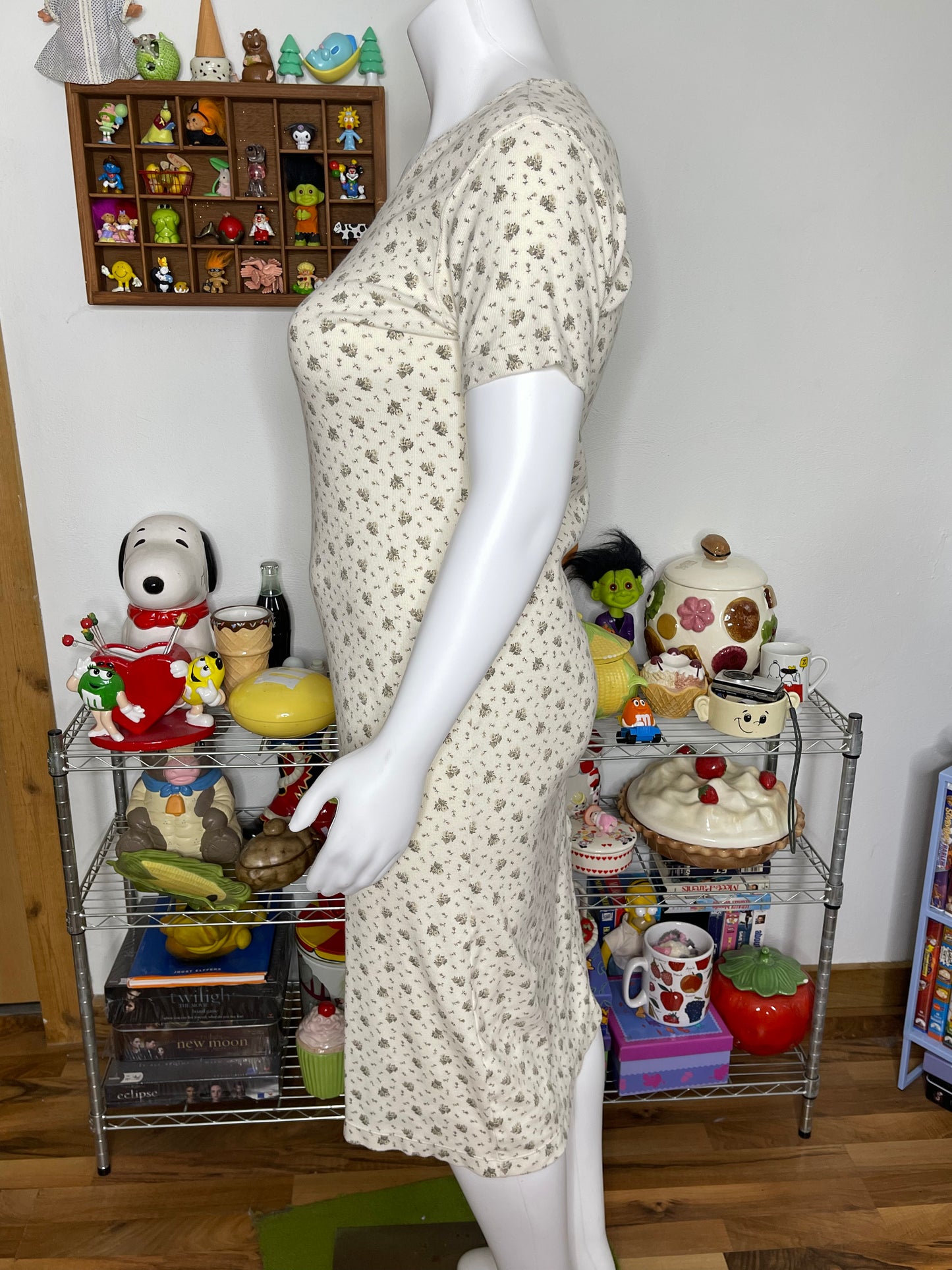 Vintage 2000s Ribbed Cream Flower Print Midi Dress Sz L/XL P