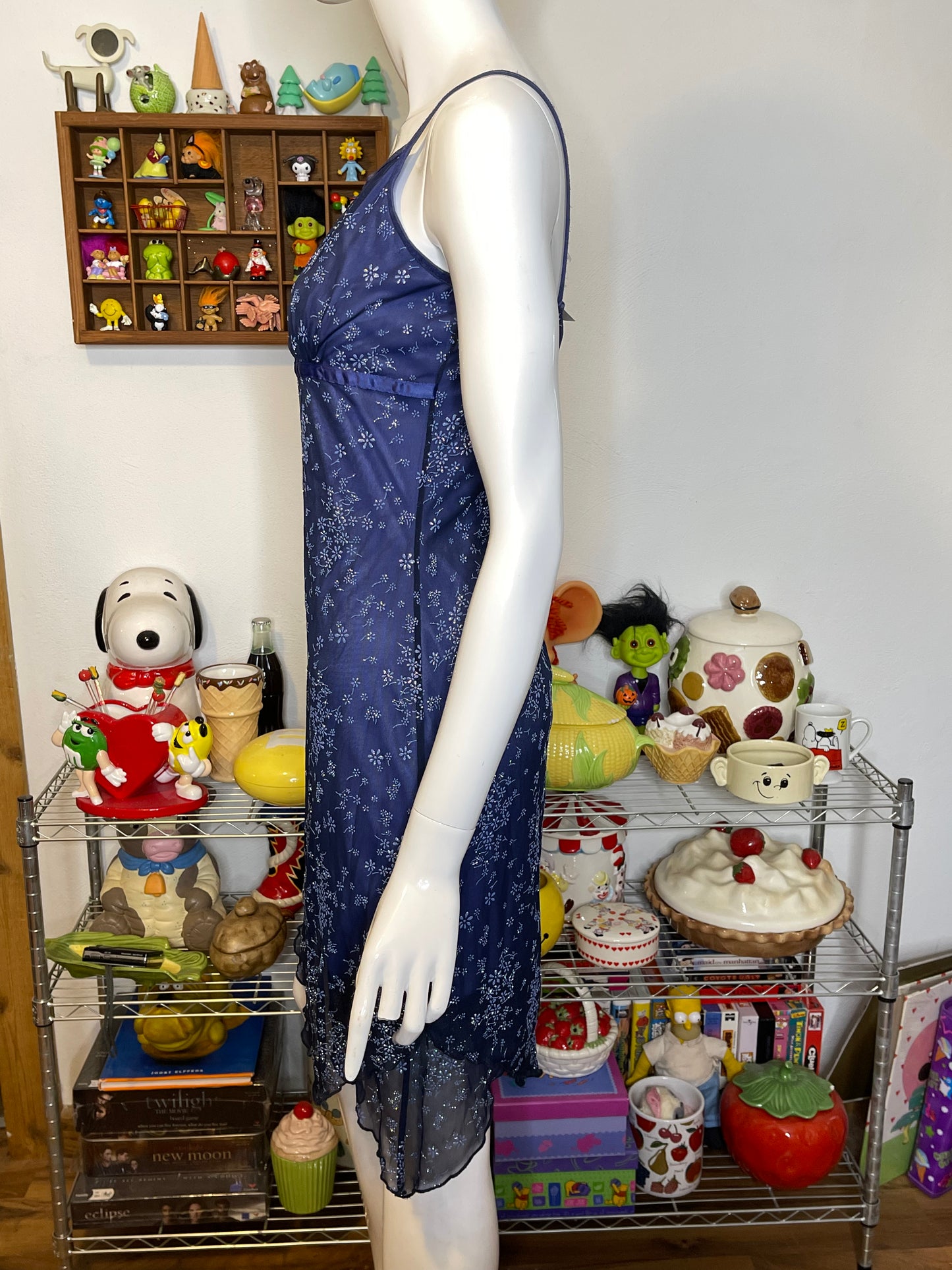 Vintage Deadstock Glittery Flower Print Mirco Mesh Midi Dress Sz M/L