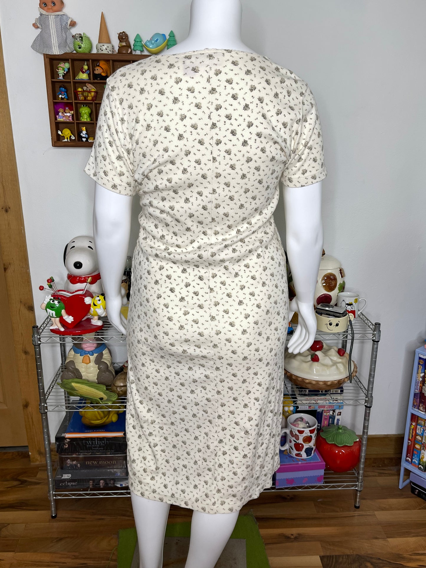 Vintage 2000s Ribbed Cream Flower Print Midi Dress Sz L/XL P