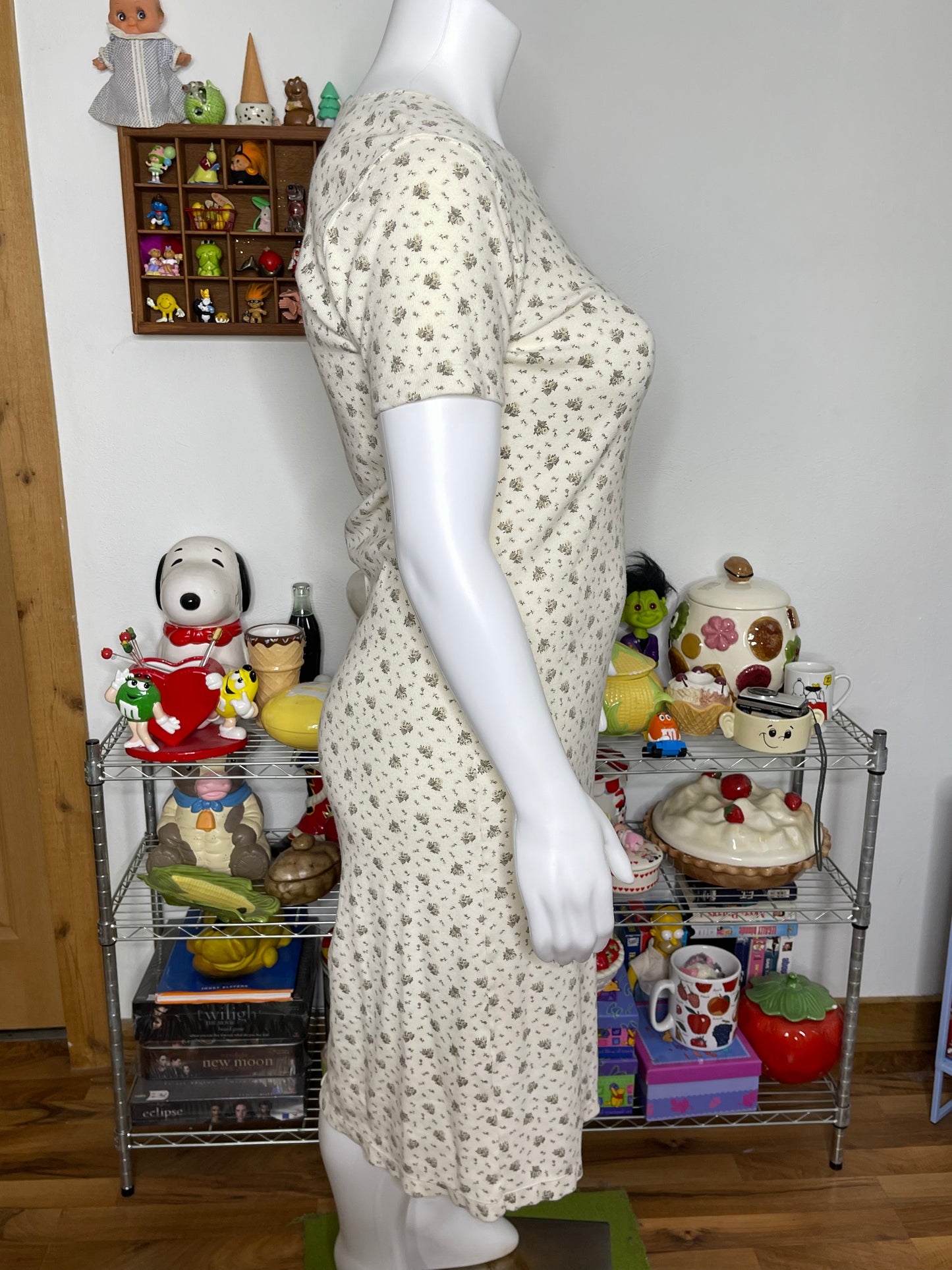 Vintage 2000s Ribbed Cream Flower Print Midi Dress Sz L/XL P