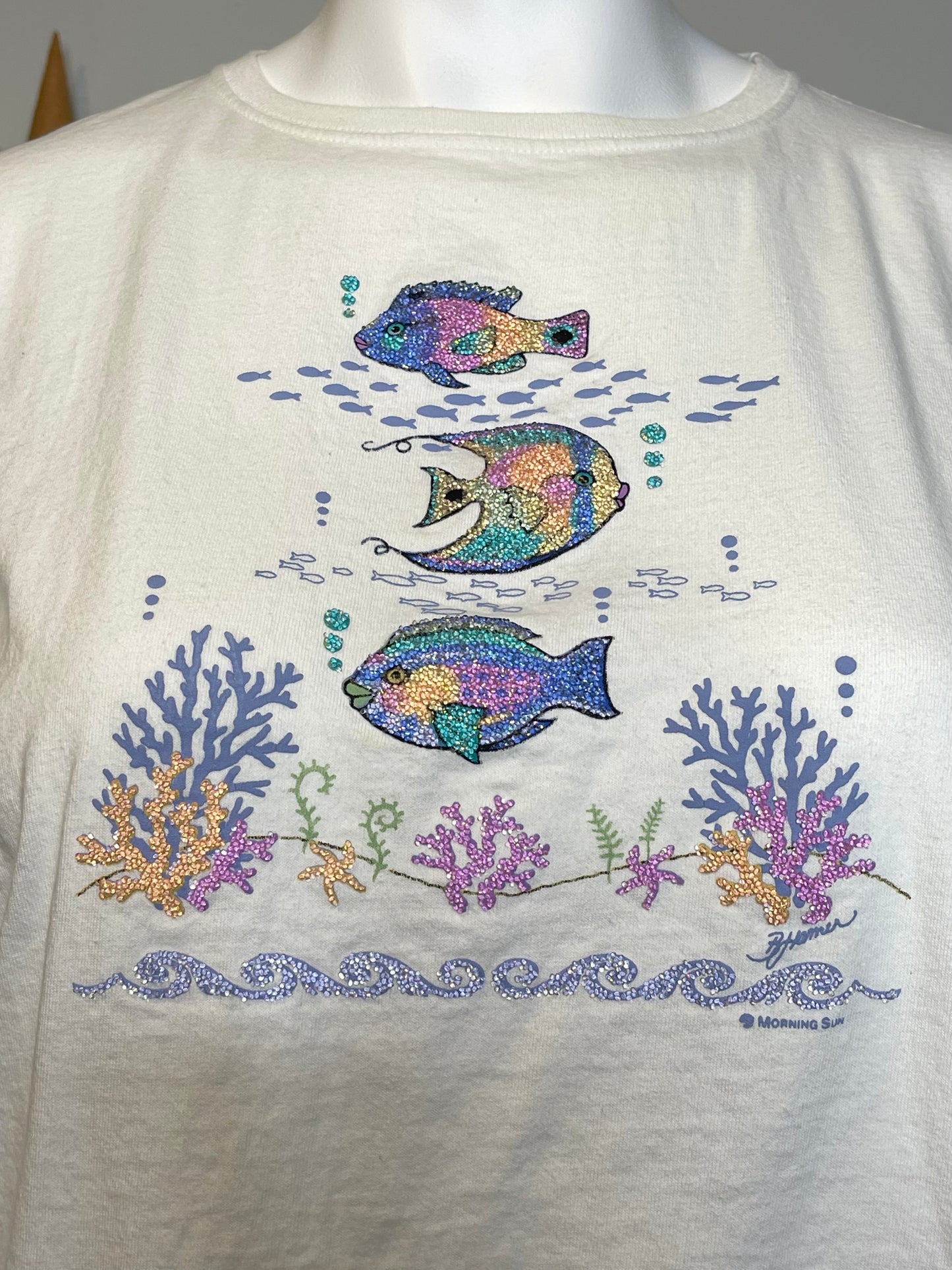 Vintage Beaded Colorful Fish Tee Sz 2X