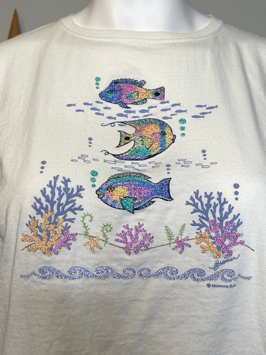 Vintage Beaded Colorful Fish Tee Sz 2X
