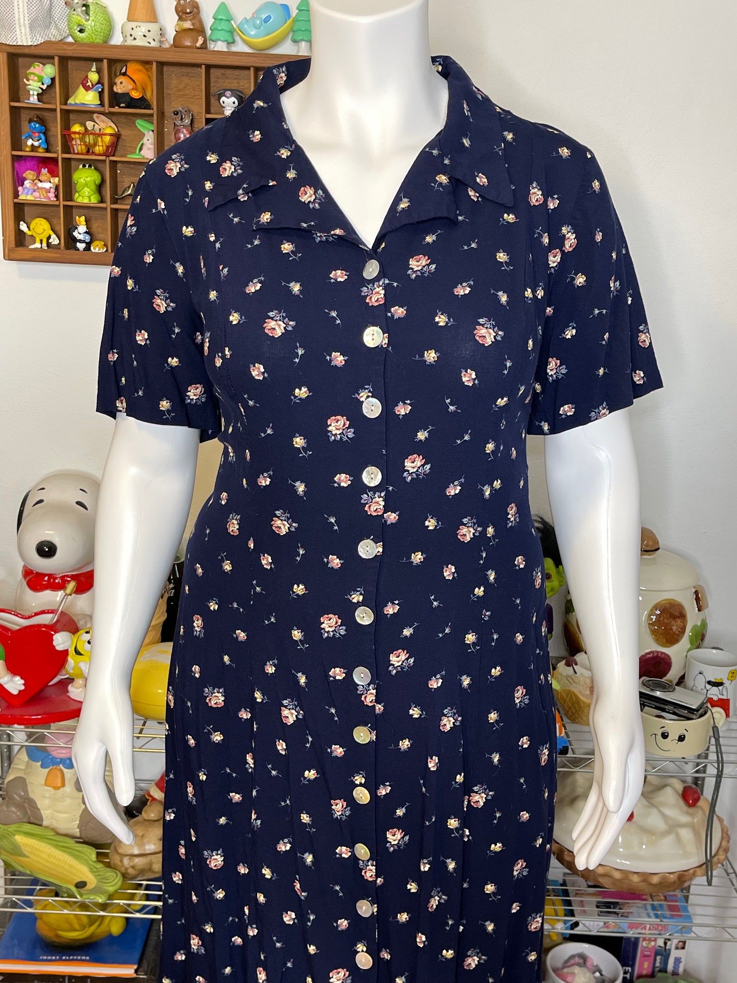 Vintage 90s Navy Blue Floral Button Down Maxi Dress Sz 20W