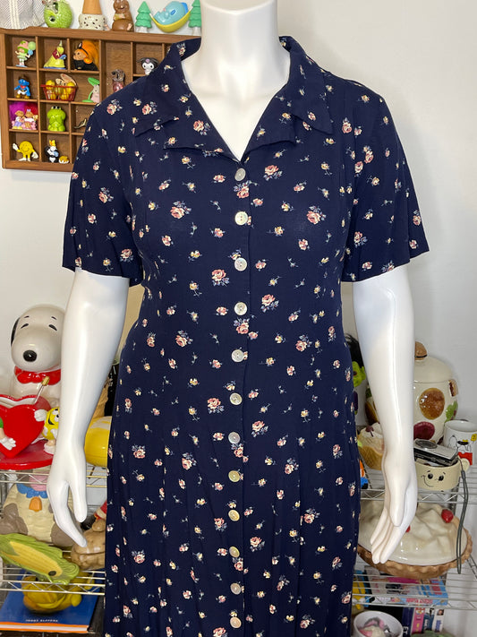 Vintage 90s Navy Blue Floral Button Down Maxi Dress Sz 20W
